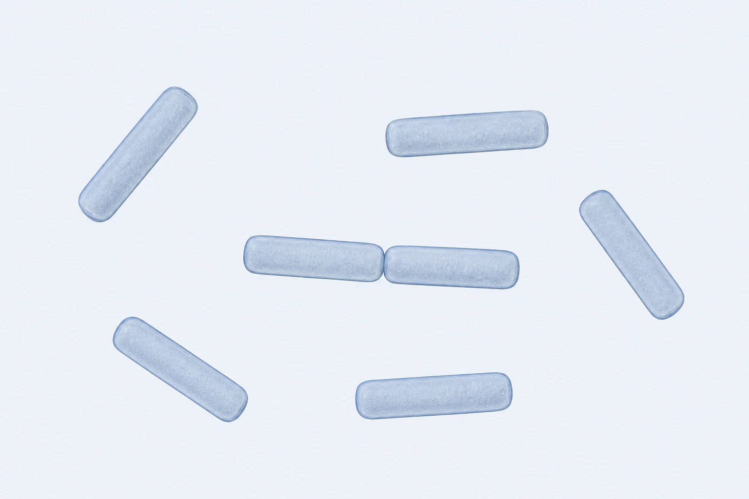 Seven large straight Clostridium perfringens rod bodies appear in six groupings: five isolated rectangular rods and one touching pair.