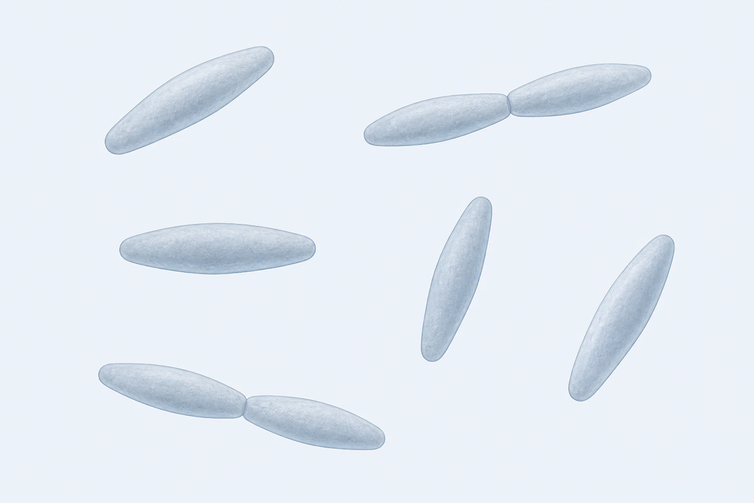 Eight representative Clostridium symbiosum bodies appear in six groupings: four isolated cigar-to-lemon-shaped rods and two touching pairs.