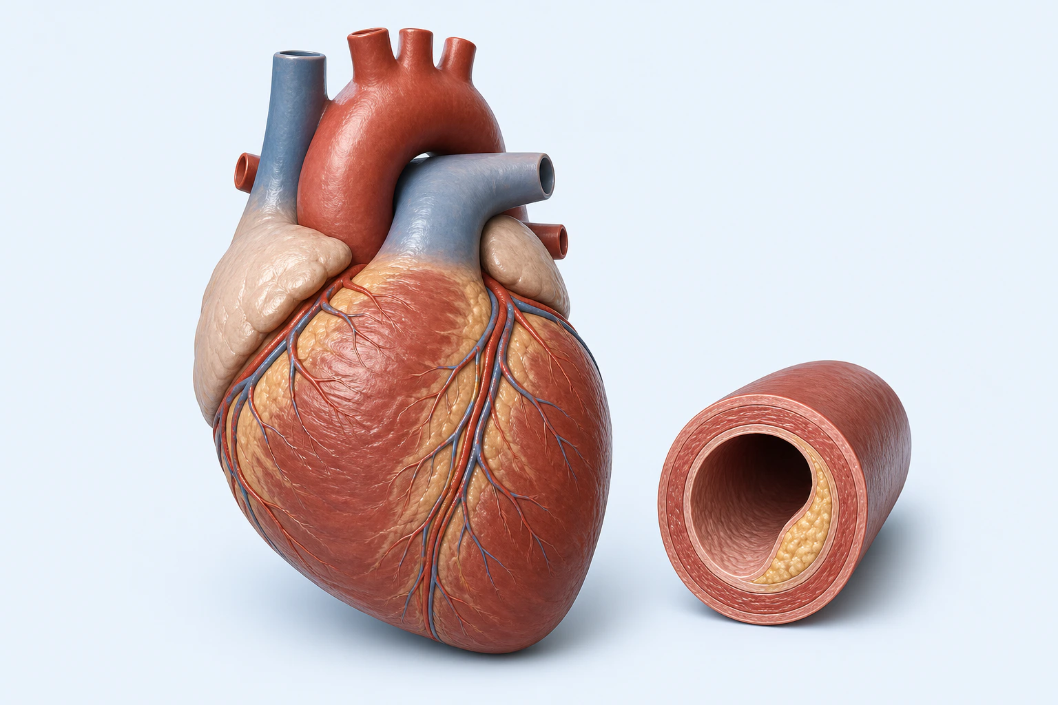 A complete heart with surface coronary vessels appears beside an artery cross-section with eccentric pale-gold wall material and an open lumen.