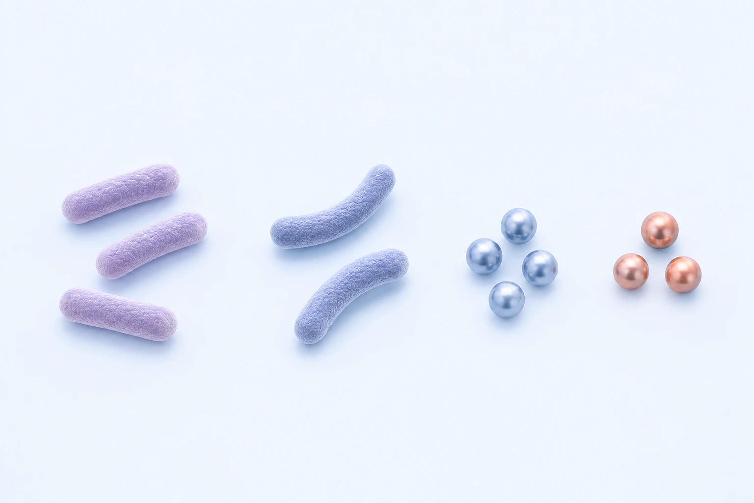 Three short rods, two curved rods, four silver-blue spheres, and three copper-colored spheres form four separate groups.