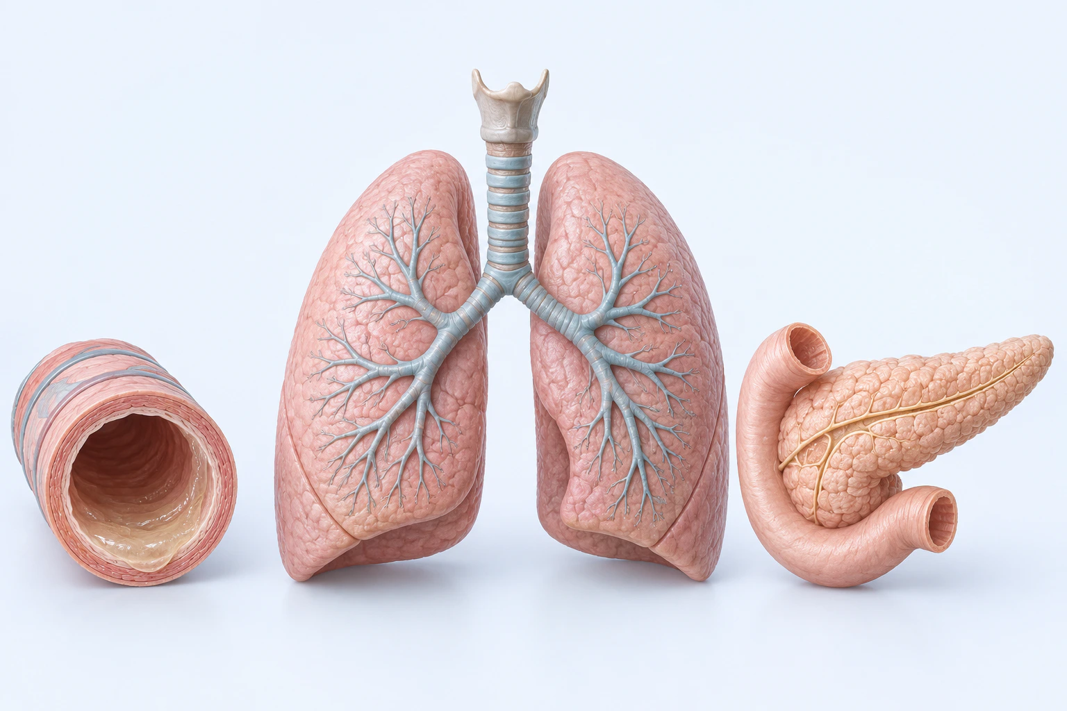 An airway cross-section with a pale luminal layer, a complete pair of lungs, and a pancreas-and-duct model form three separate teaching groups.