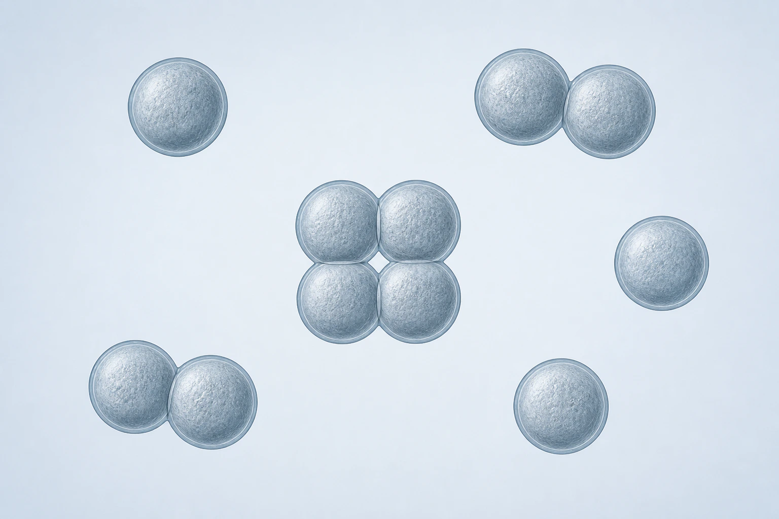 Eleven selected Deinococcus coccoid bodies appear as three singles, two touching pairs, and one compact four-cell tetrad.