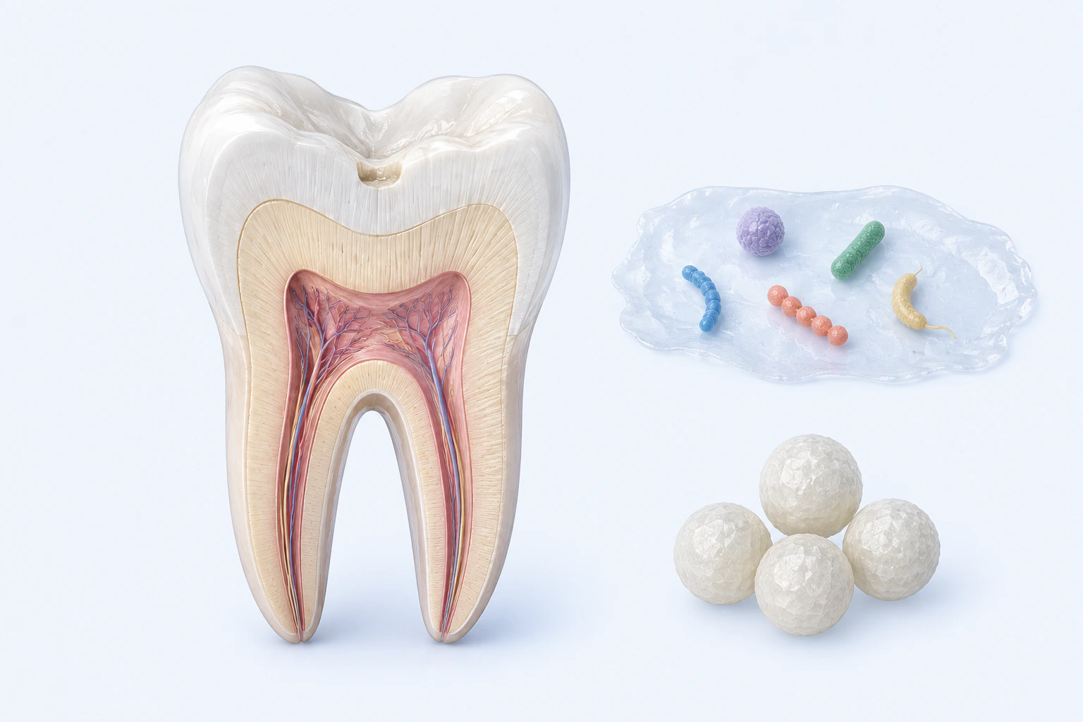 A molar cutaway with a shallow surface depression appears separately from a five-form plaque model and four mineral-context spheres.