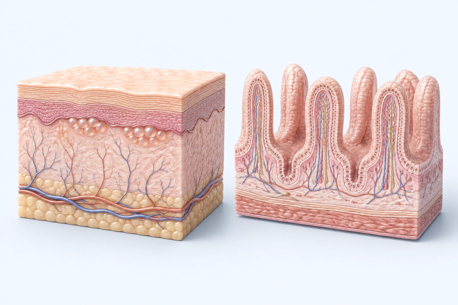 A layered skin block with grouped rounded subepidermal bodies appears beside a separate small-intestinal villus model.