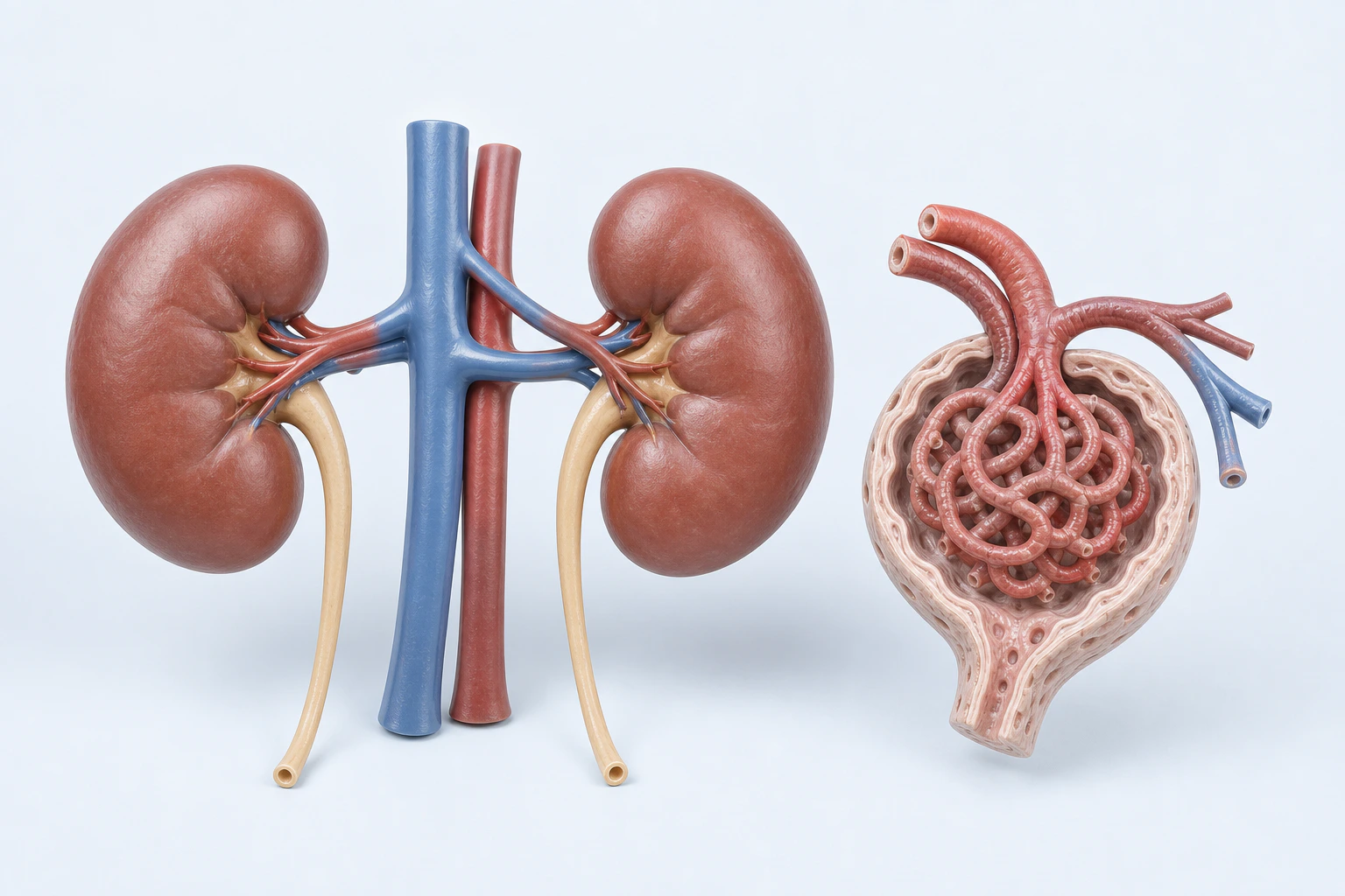 Two complete kidneys with ureters appear beside a separate enlarged glomerular model containing an open dense capillary tuft.