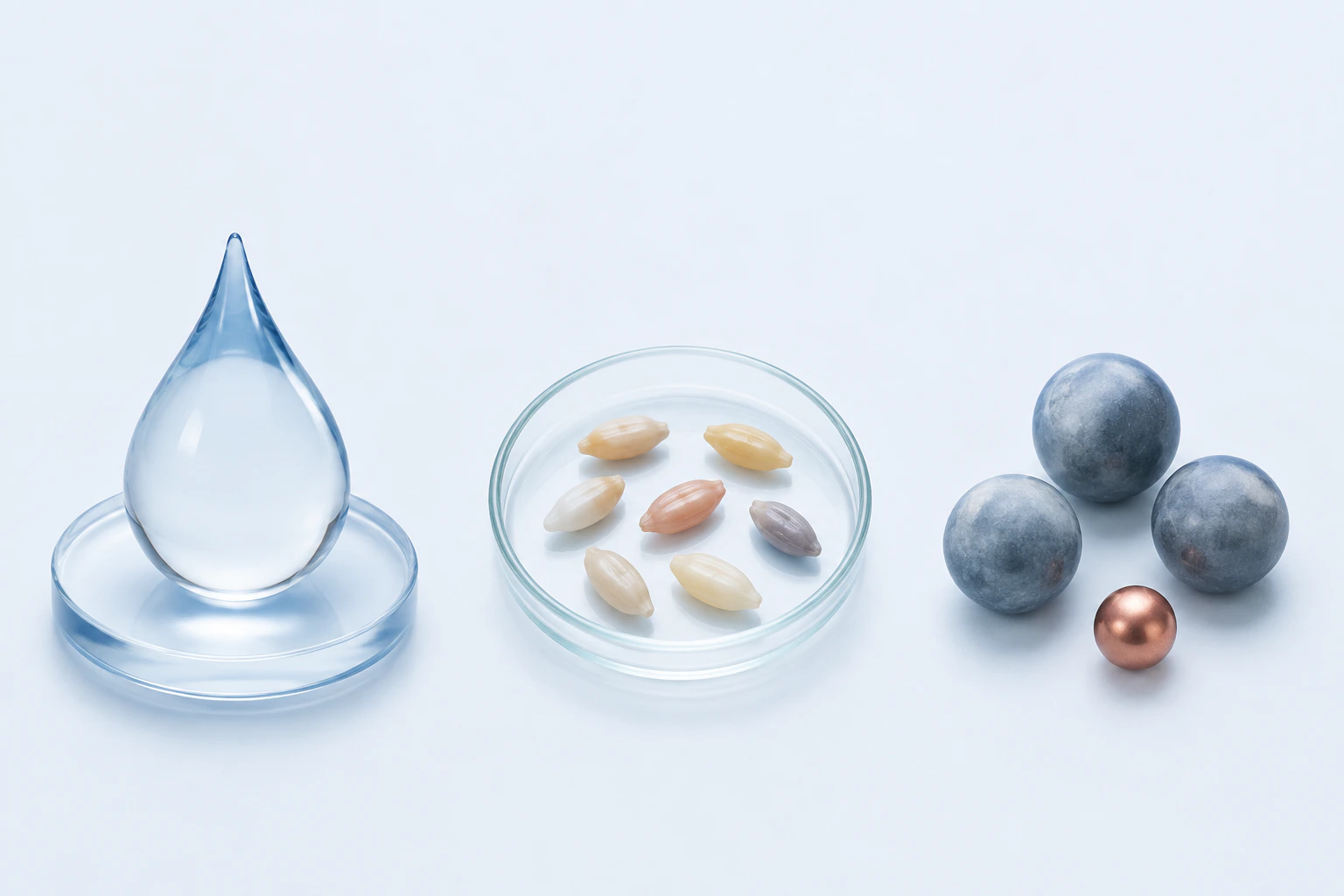 A water droplet and a dish of seven grain-like forms appear separately from three slate spheres and one smaller copper-colored sphere.