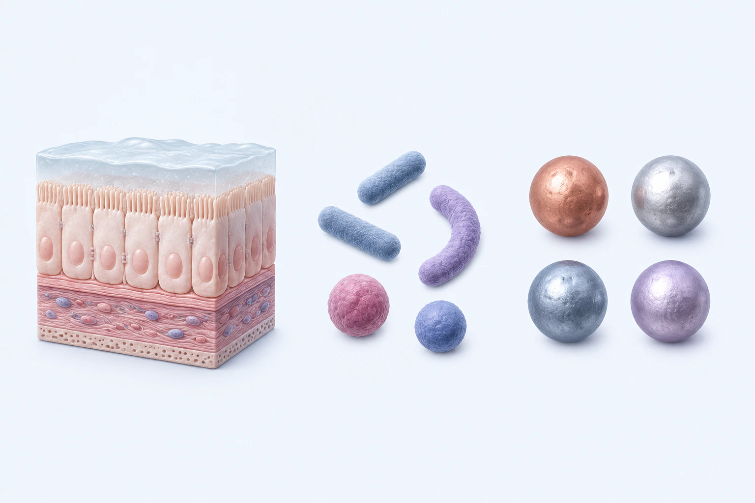 An epithelial cutaway appears separately from five generic microbial forms and four differently shaded spheres.