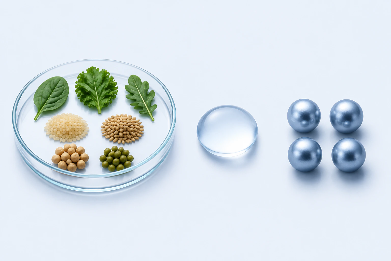 A dish with three leafy and four granular or rounded plant-food groupings and a water droplet appear separately from four silver-blue spheres.