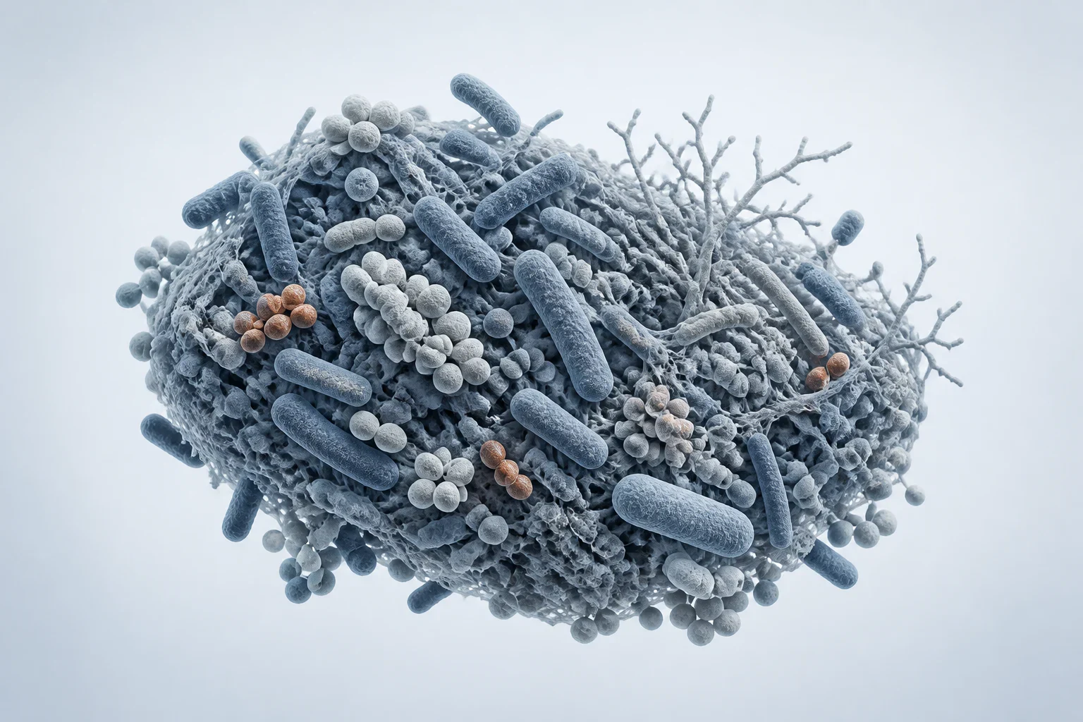 A microscopy-informed mixed microbial community with rods, cocci, curved rods, and branching forms on a pale cool field.