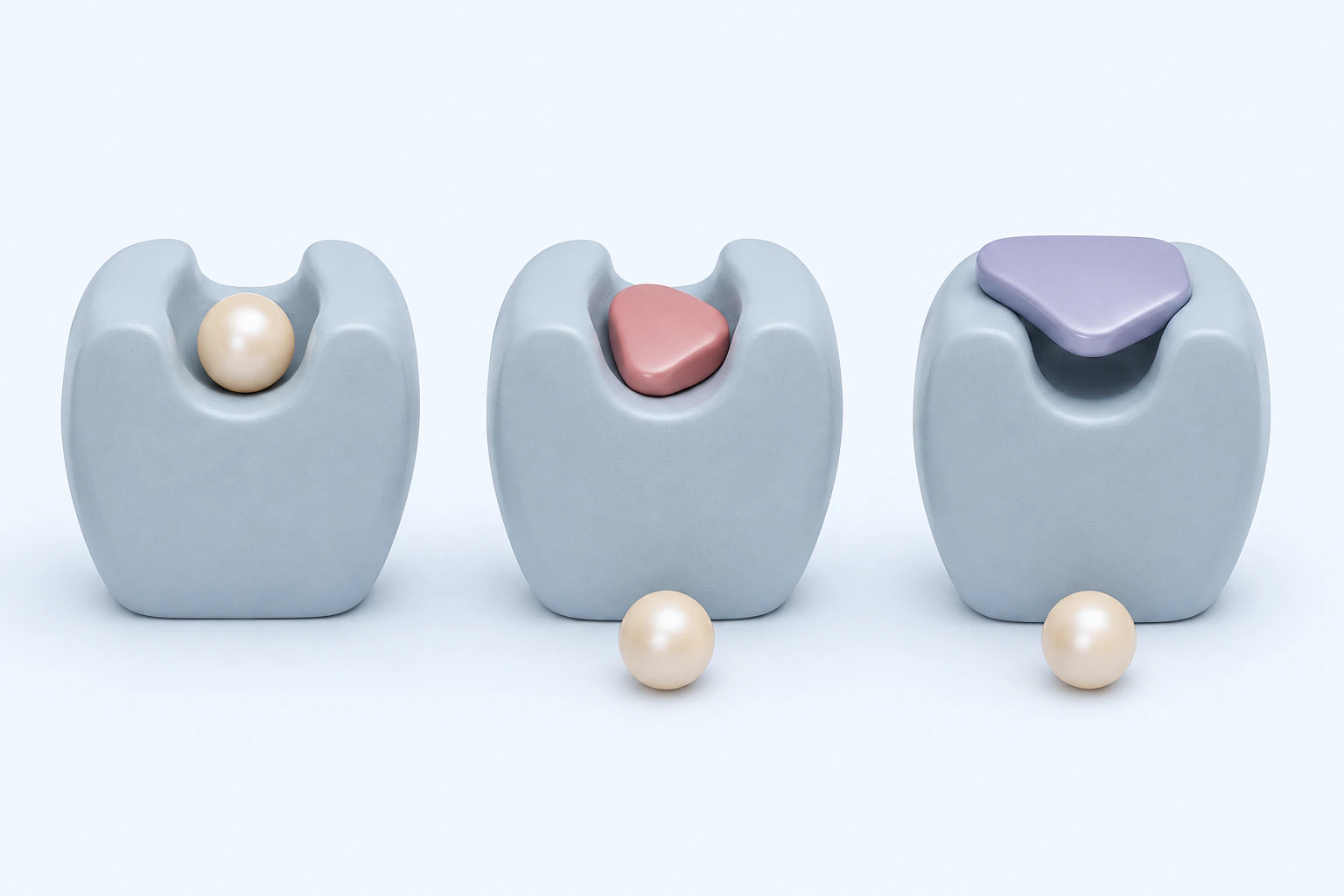 Three receptor-pocket teaching forms show a seated round token, a distinct seated token with a sphere nearby, and a pocket-covering token with a sphere nearby.