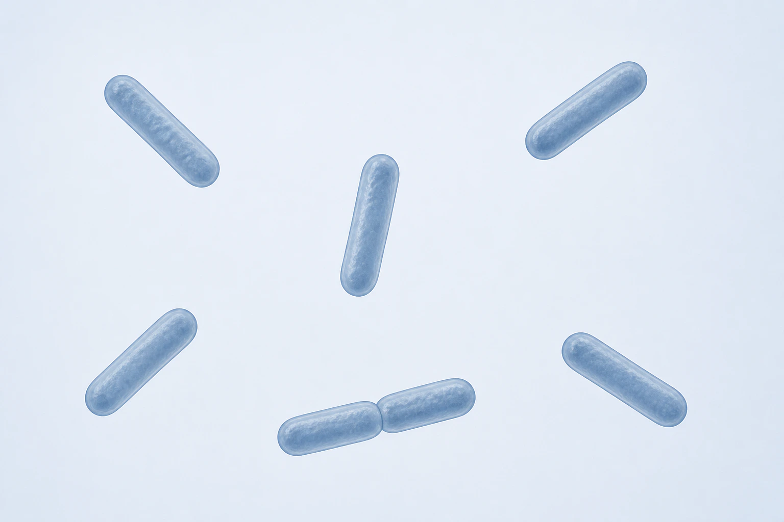 Seven selected Enterobacter cloacae rods appear in six groupings: five isolated singles and one touching pair.