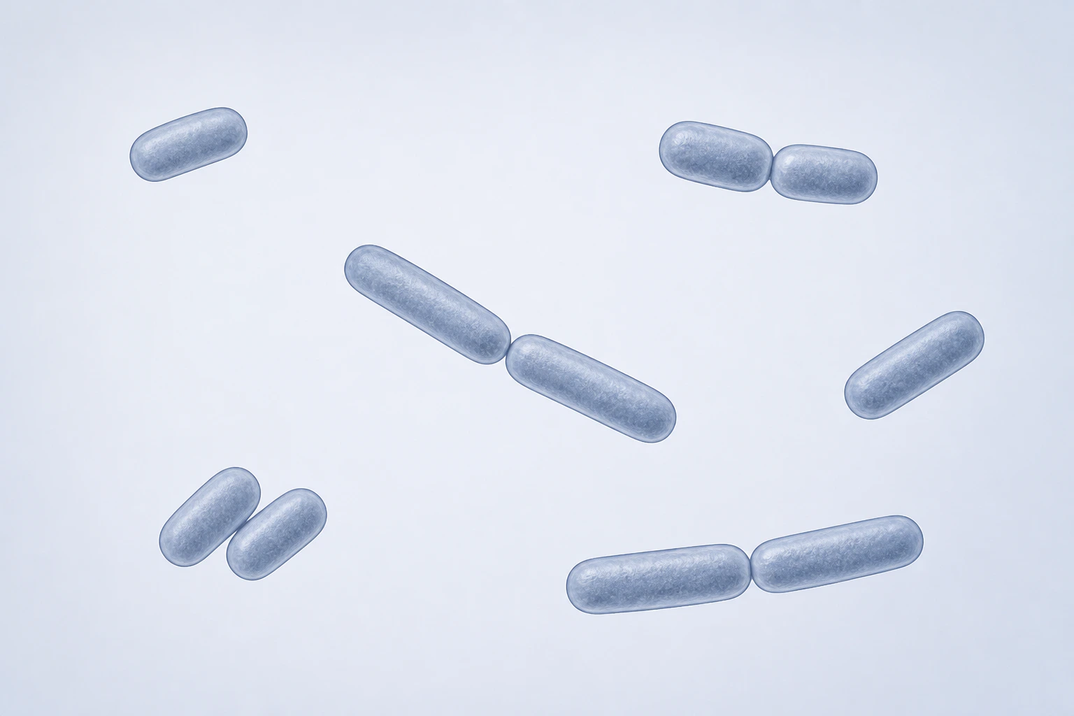 Ten selected Enterobacteriaceae rods appear in six groupings: two singles, three touching pairs, and one loose two-rod arrangement spanning short and longer forms.