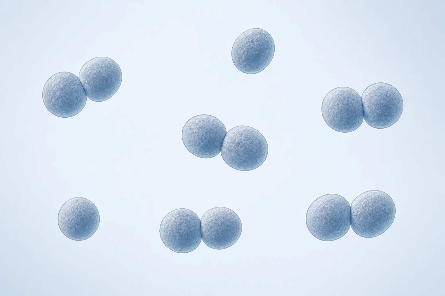 Twelve selected Enterococcus faecium spherical-to-ovoid bodies appear in seven groupings: two singles and five touching pairs.