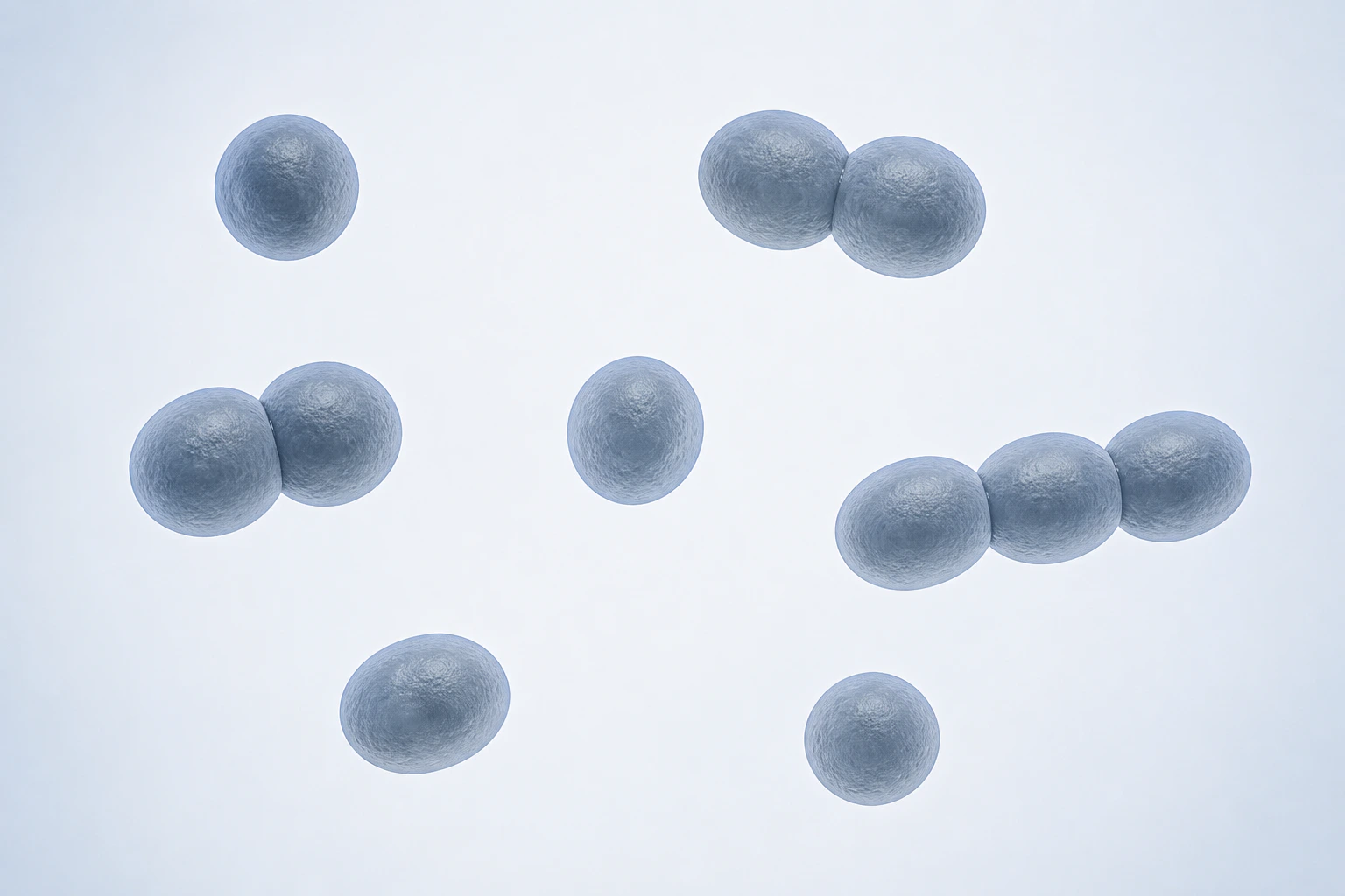 Eleven selected Enterococcus spherical-to-ovoid bodies appear in seven groupings: four singles, two touching pairs, and one short three-cell chain.