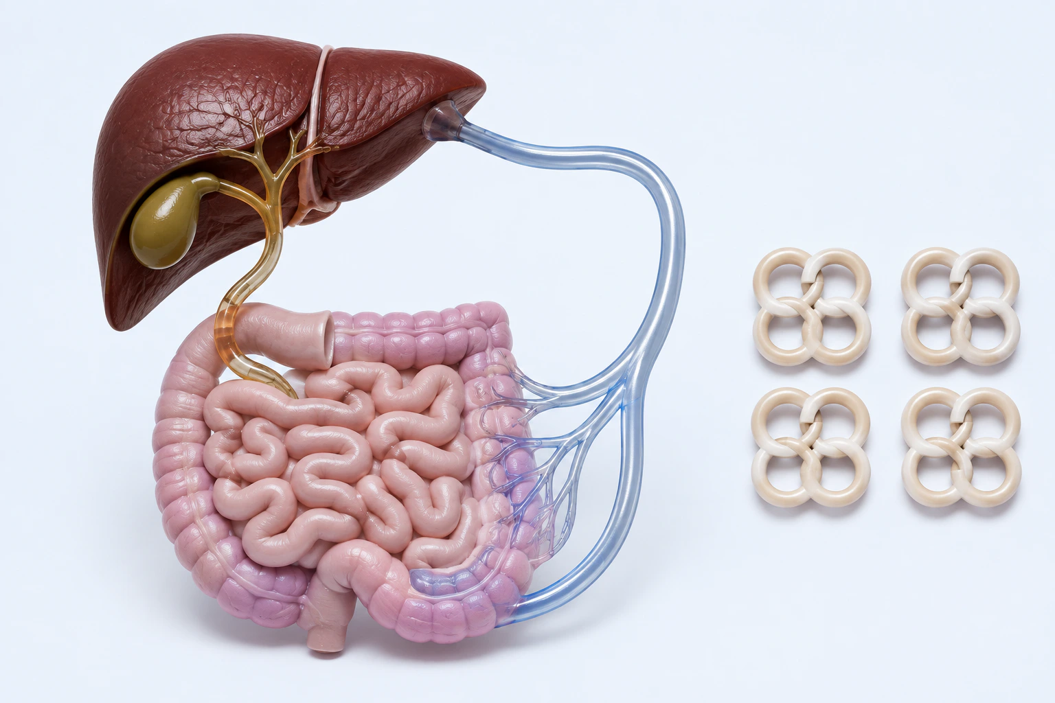 A liver, gallbladder, intestinal model, biliary and portal-return conduits appear beside four non-literal four-ring context tokens.