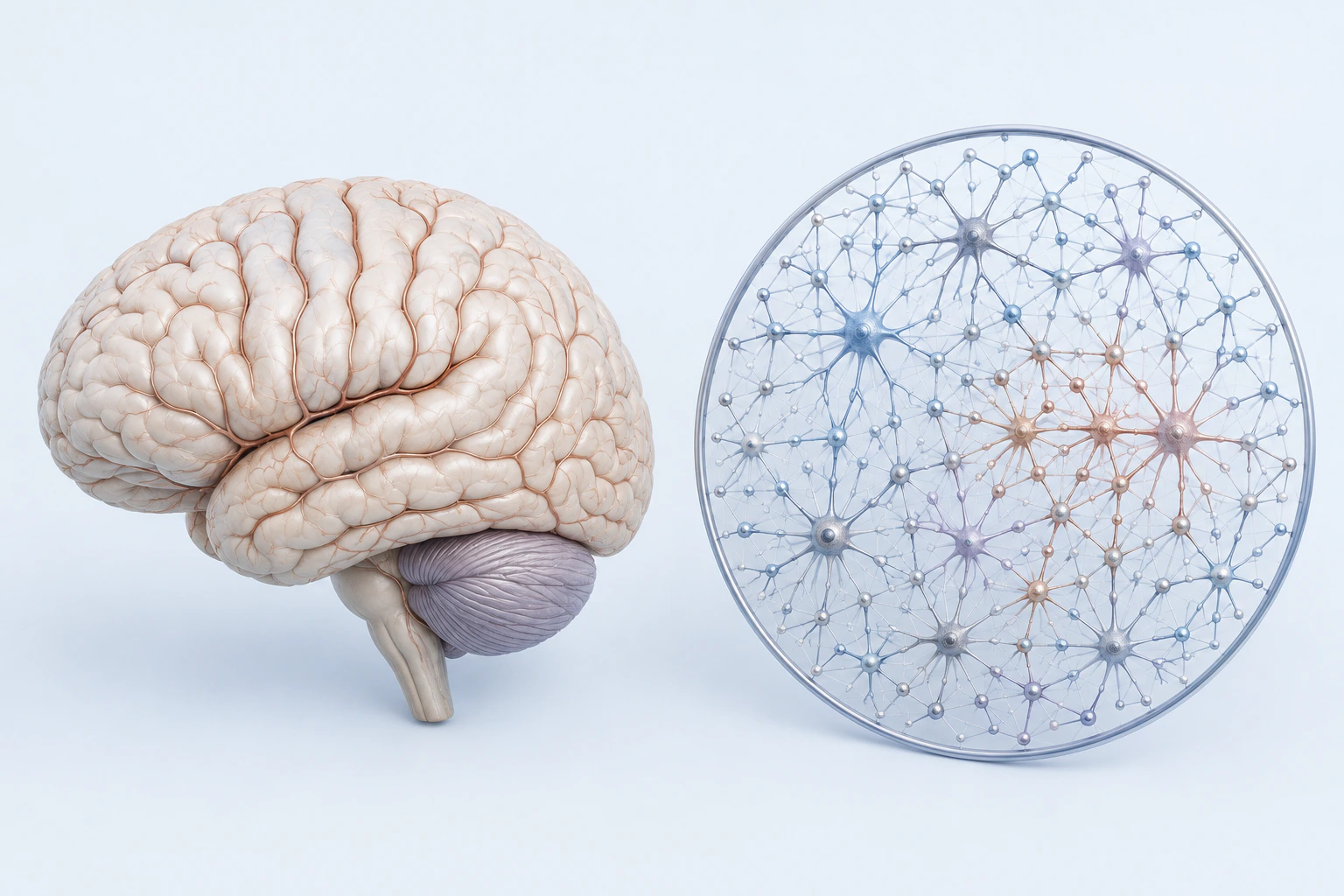 A complete intact brain teaching model appears beside a circular neural-network assembly with one localized copper-toned grouping.