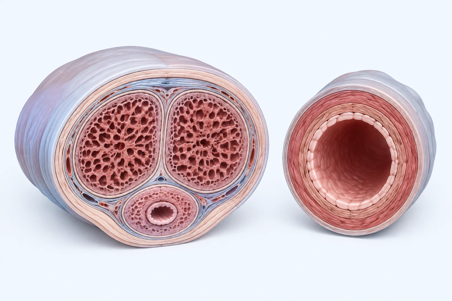An internal erectile-tissue cross-section with paired dorsal bodies and an open ventral channel appears beside a separate patent vessel cross-section.