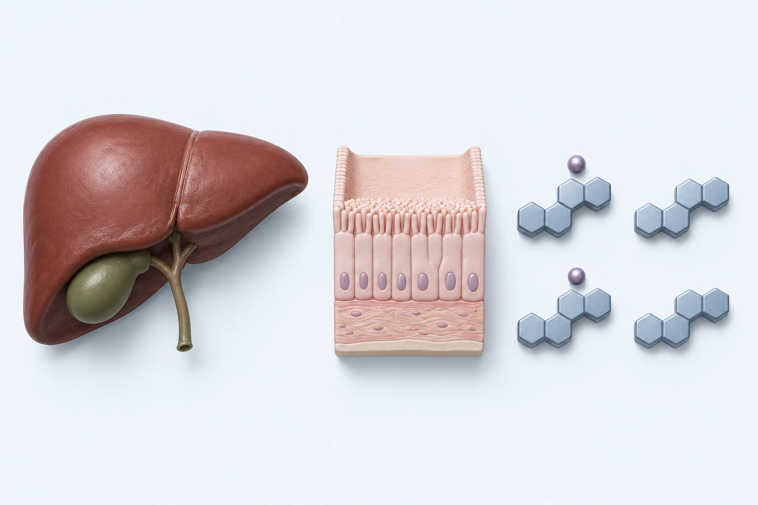 A liver and gallbladder model, an intact intestinal barrier, and four separate four-ring tokens with two satellite beads appear as three unconnected groups.