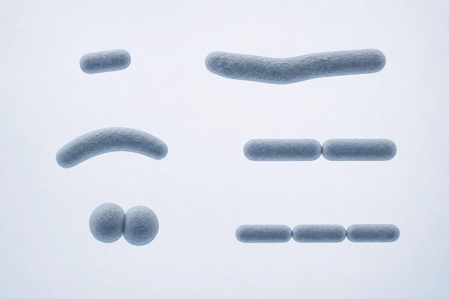 Ten selected Eubacteriales bodies appear in six groupings: three varied rod singles, a rod pair, a coccoid pair, and a three-short-rod chain.