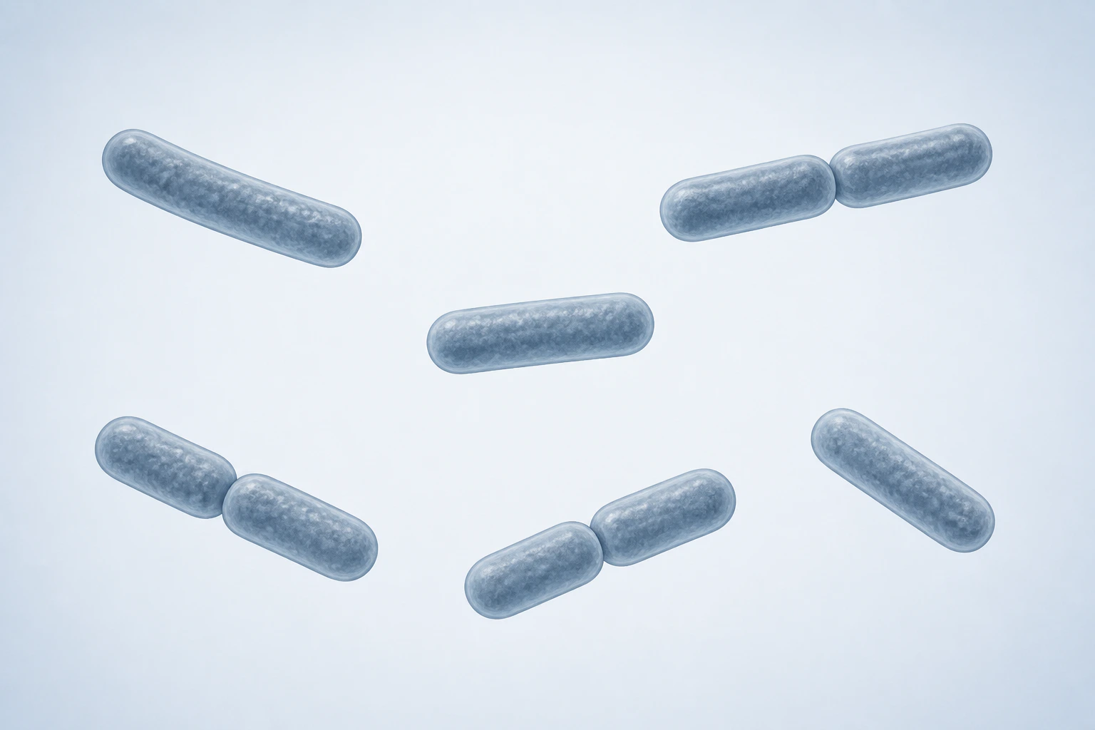 Nine selected Eubacterium rods appear in six groupings: three isolated singles and three touching pairs.