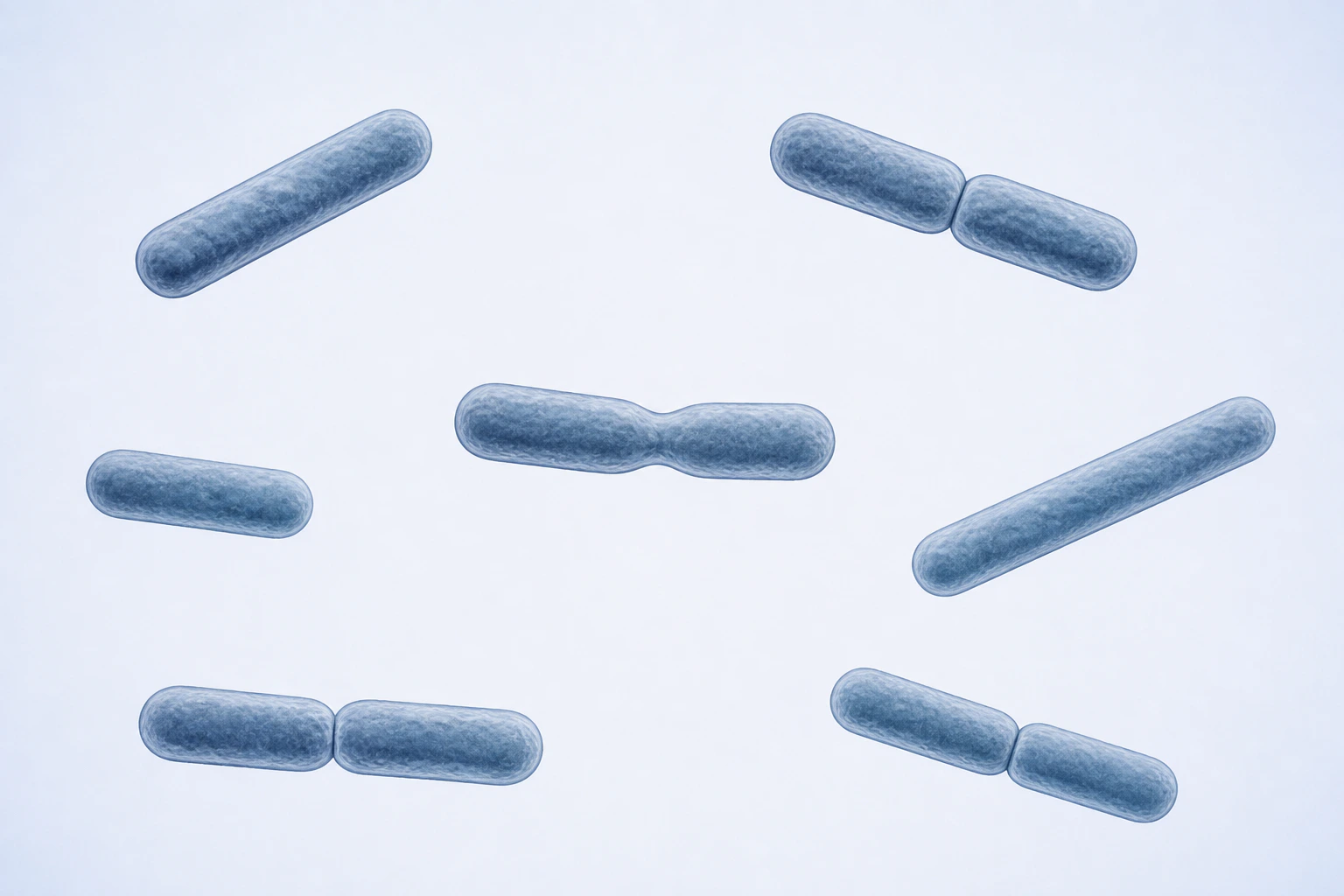 Eleven selected Faecalibacterium rods appear in seven groupings: three singles and four connected pairs, including one hourglass-like central pair.