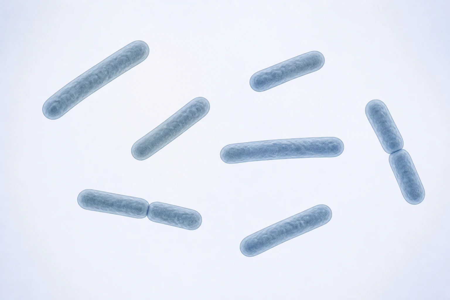 Nine selected Faecalibacterium prausnitzii rods appear in seven groupings: five singles and two touching pairs, with several elongated forms.