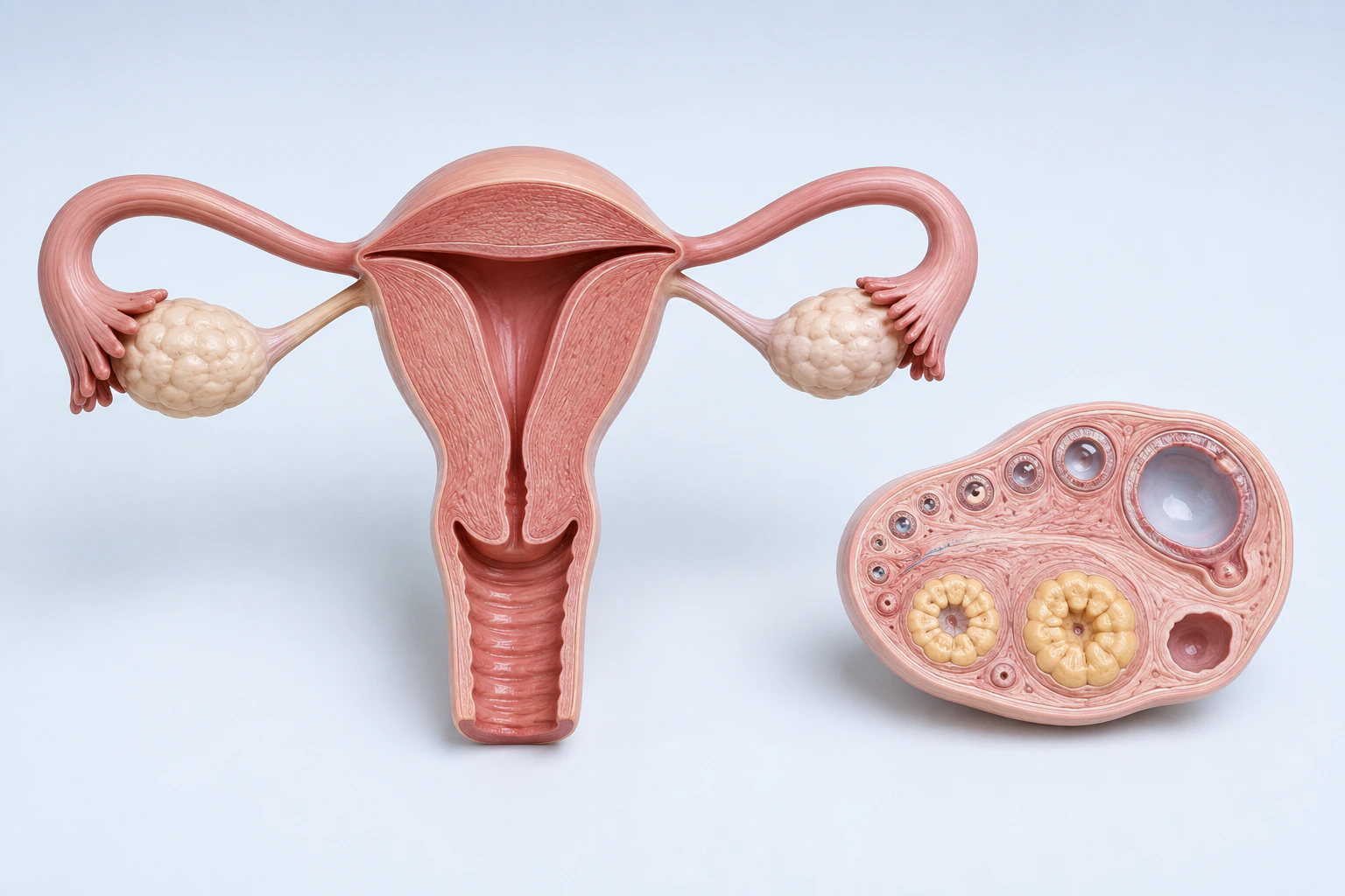 A complete uterus, cervix, paired fallopian tubes, fimbriae, and ovaries appear beside a separate ovarian cutaway containing follicles at varied stages.