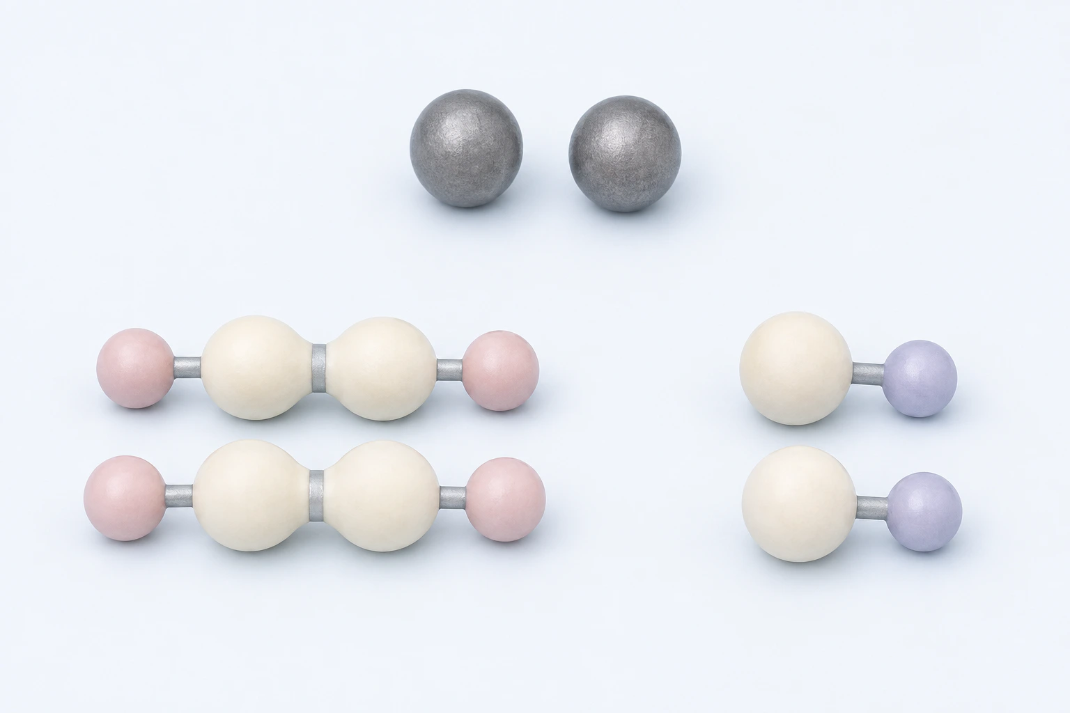 Two gray spheres sit apart from paired peroxide-context units and paired hydroxyl-context units in three unconnected groups.