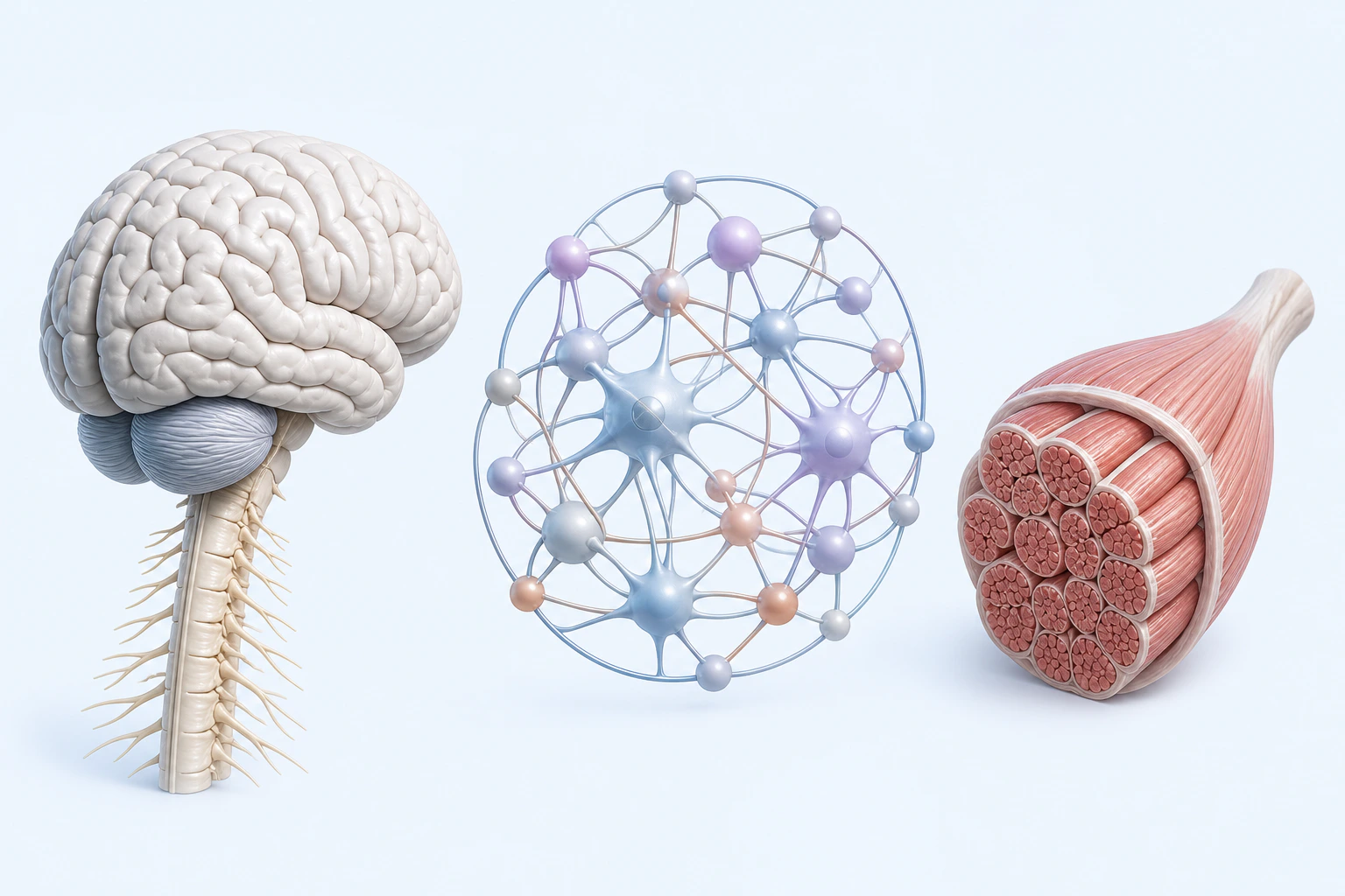 An intact brain and upper spinal cord, a separate circular connected sensory-network model, and a separate skeletal-muscle fascicle appear on a pale field.