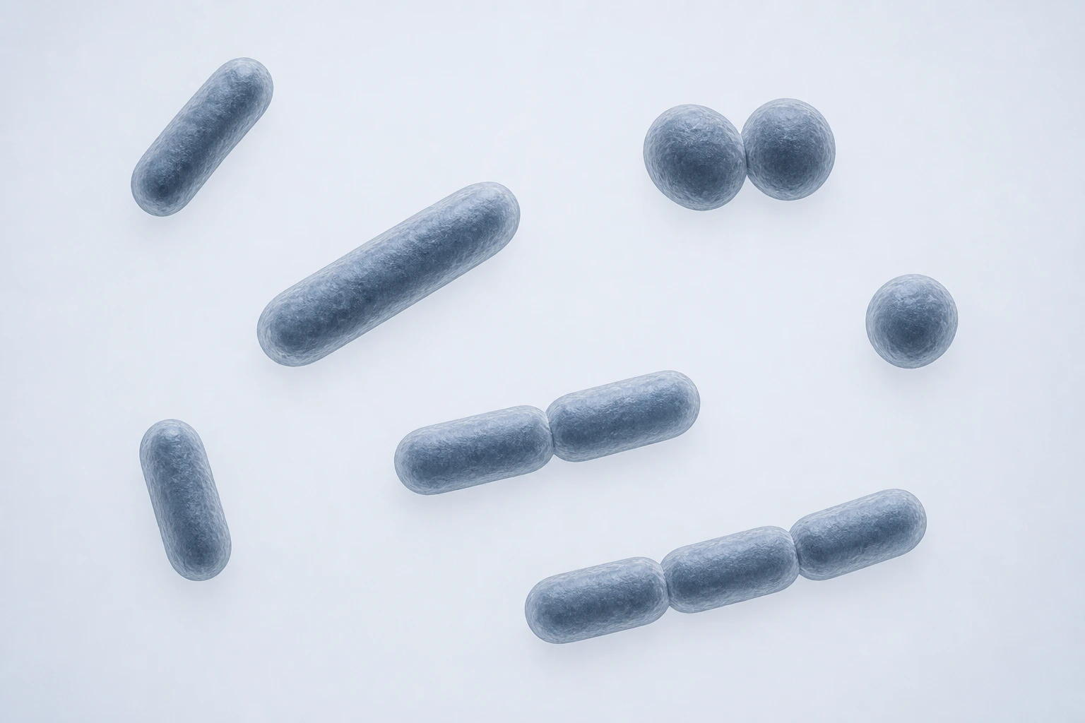 Eleven selected Bacillota bodies appear in seven groupings: three single rods, one single coccoid, one rod pair, one coccoid pair, and one three-rod chain.