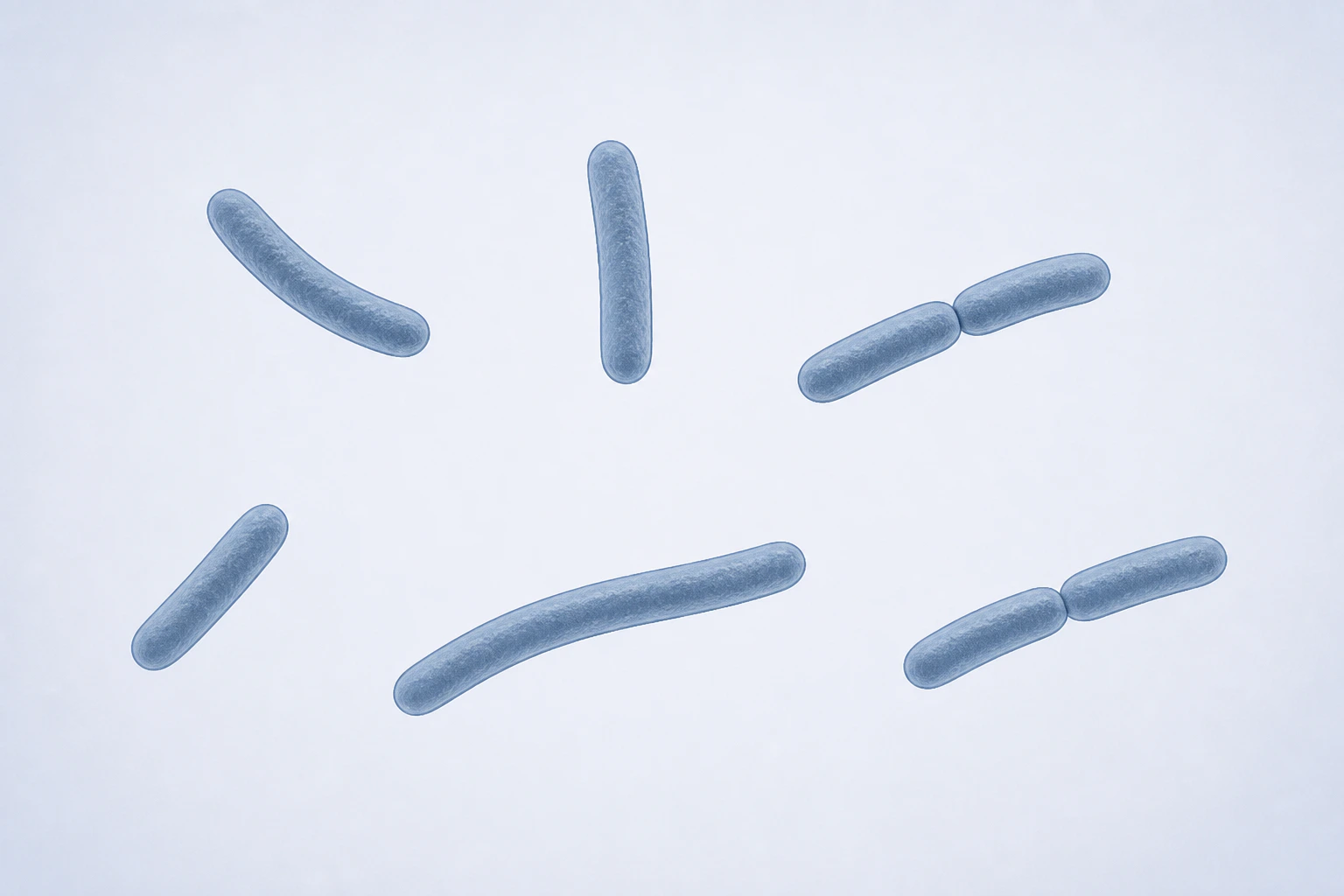 Eight selected Flavobacterium rods appear in six groupings: four straight-to-curved singles and two touching pairs.
