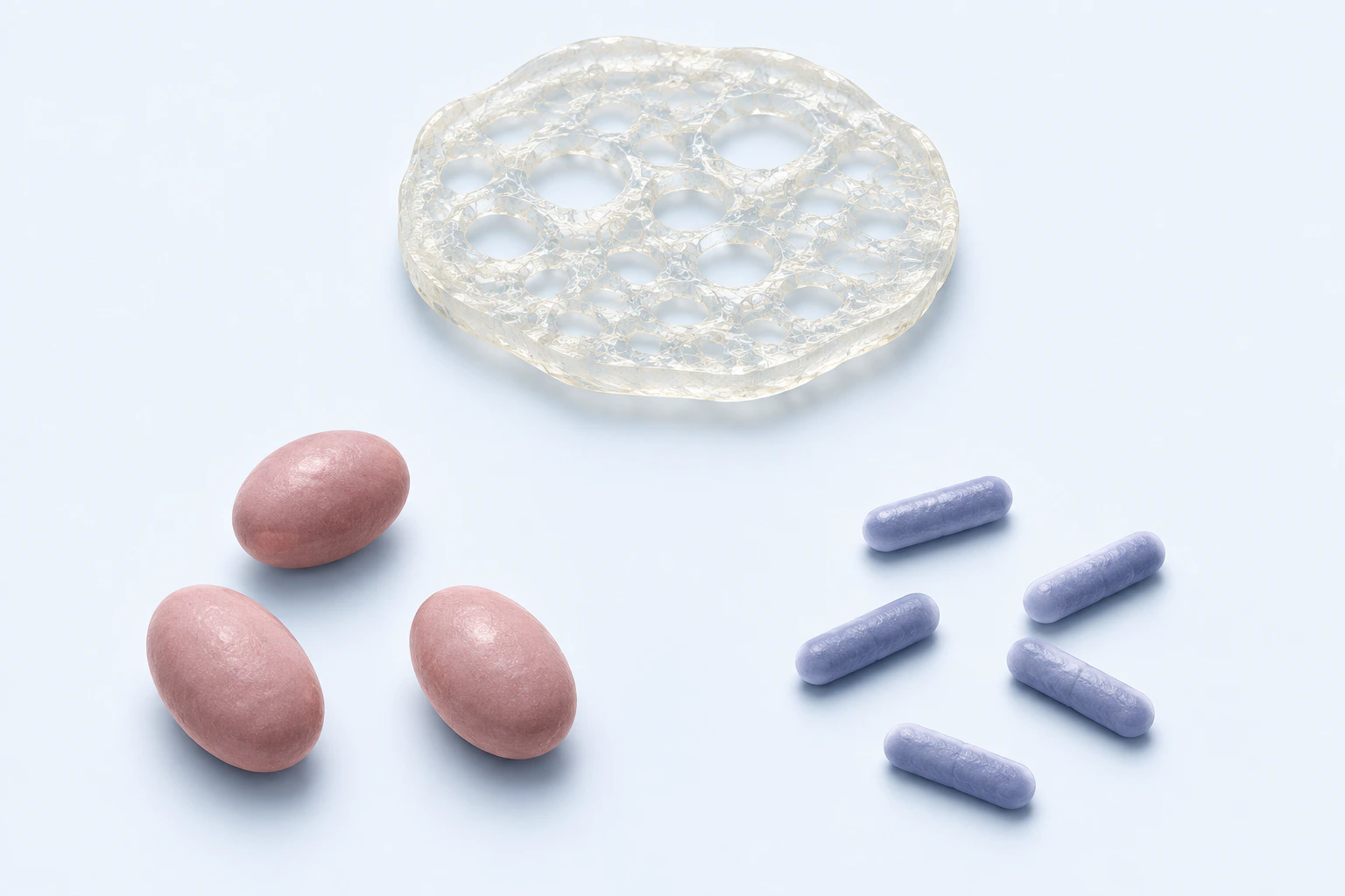 A translucent porous matrix model sits apart from three smooth ovoids and five rounded rods in three unconnected groups.