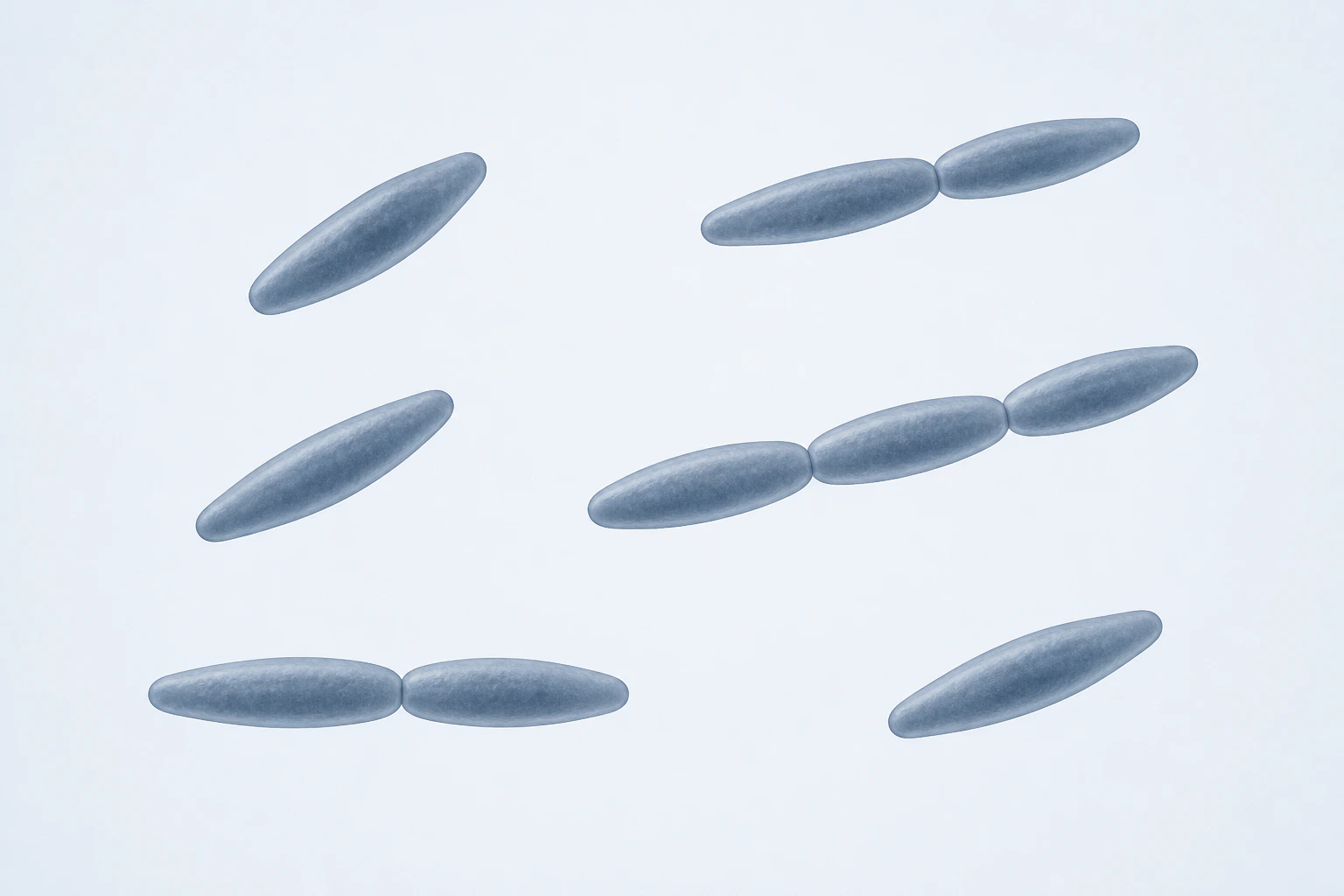 Ten selected Fusicatenibacter spindle-shaped rods appear in six groupings: three singles, two touching pairs, and one three-cell chain.