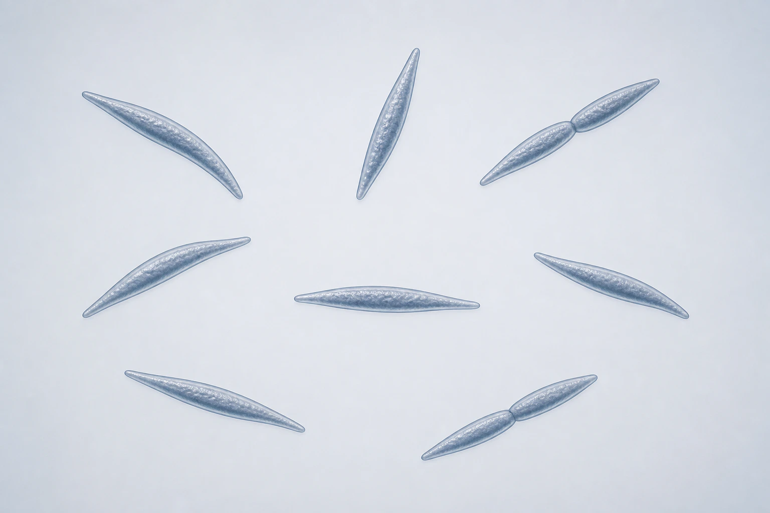 Ten selected Fusobacterium fusiform rods appear in eight groupings: six isolated singles and two touching pairs.