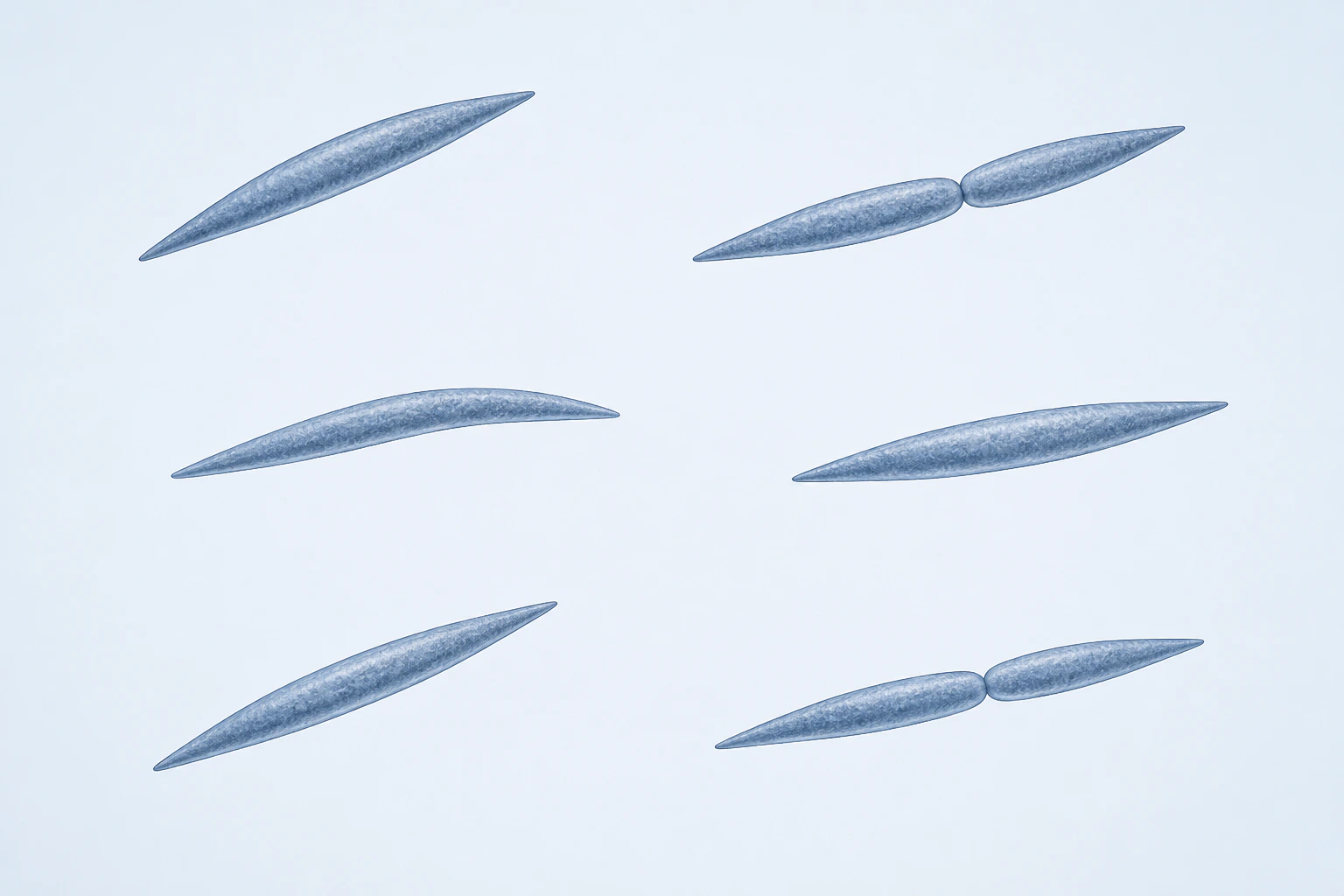 Eight long pointed Fusobacterium nucleatum rods appear in six groupings: four isolated singles and two end-to-end touching pairs.