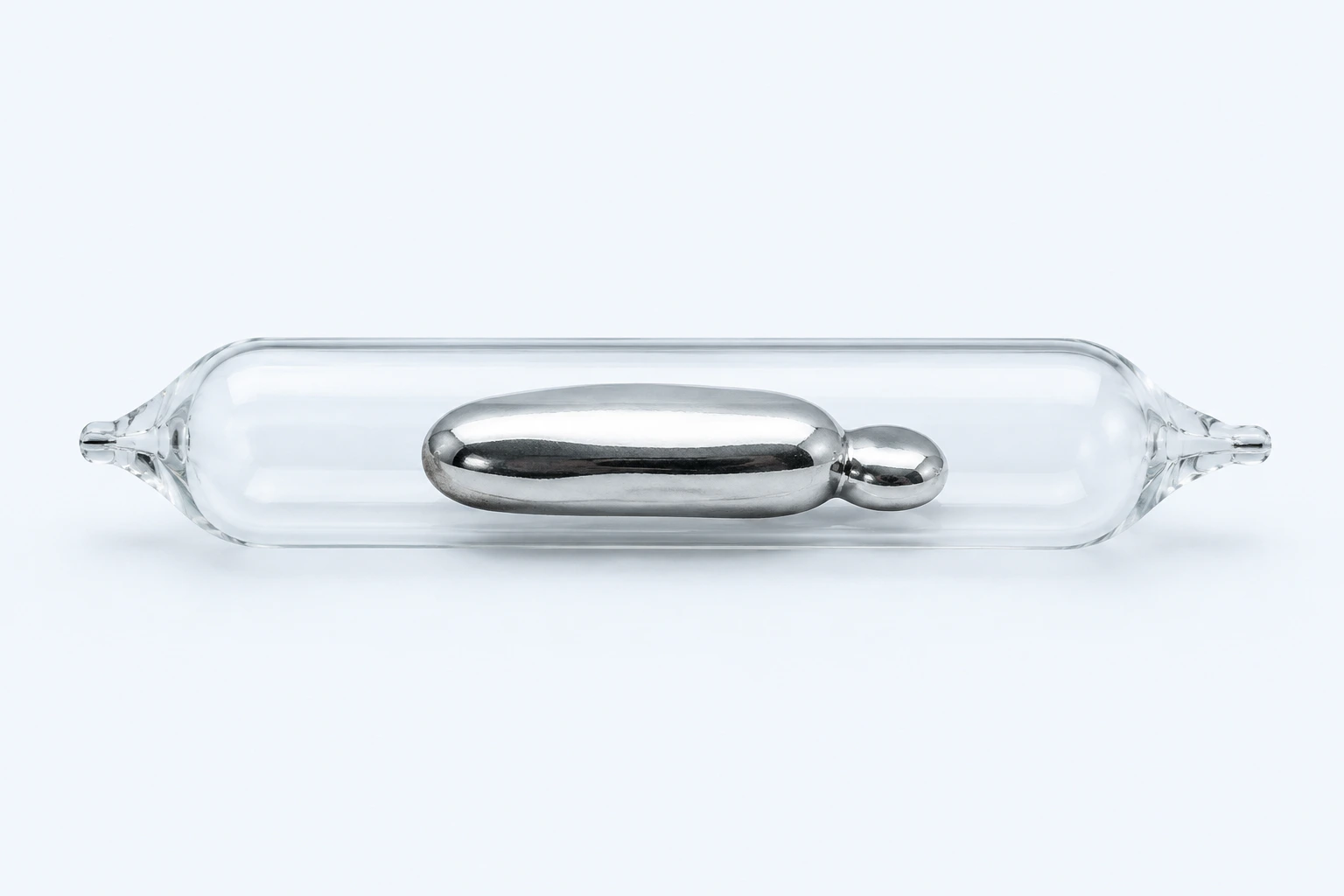 A sealed clear ampoule containing one coherent silvery elemental gallium sample with a small adjoining lobe.