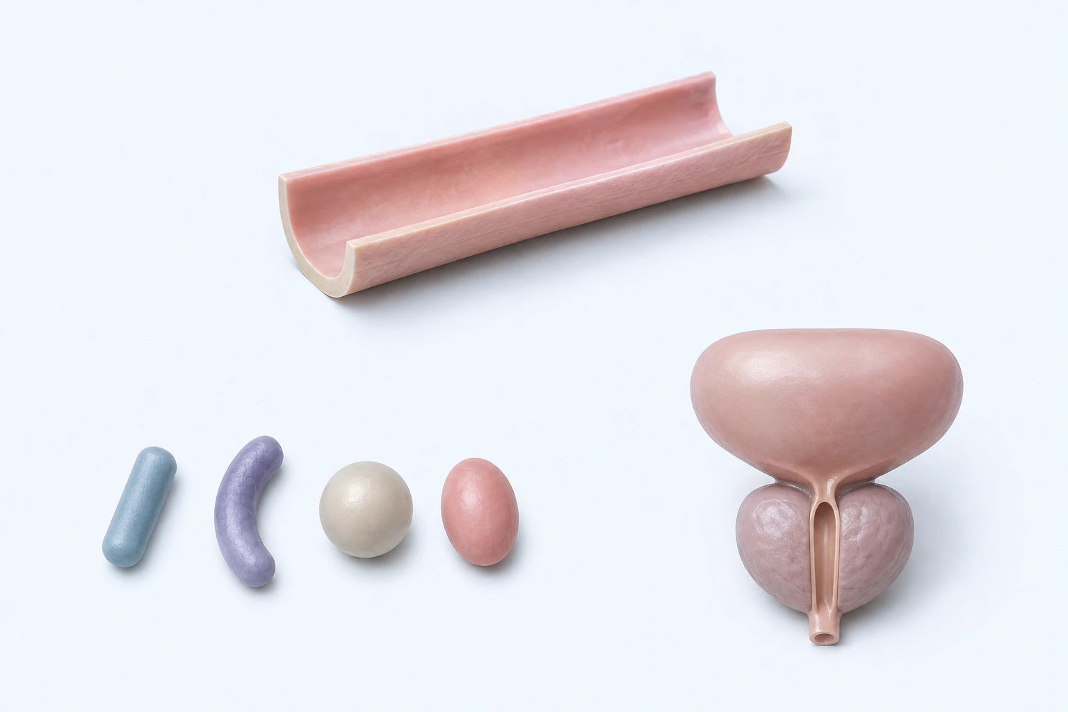 An open gastrointestinal trough, four separate generic microbial forms, and a simplified normal bladder-neck and prostate model form unconnected groups.