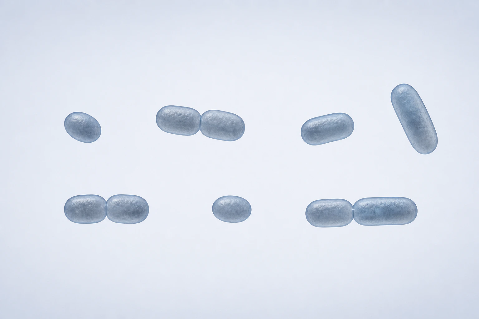 Ten selected Haemophilus short-rod-to-coccobacillary bodies appear in seven groupings: four singles and three touching pairs.