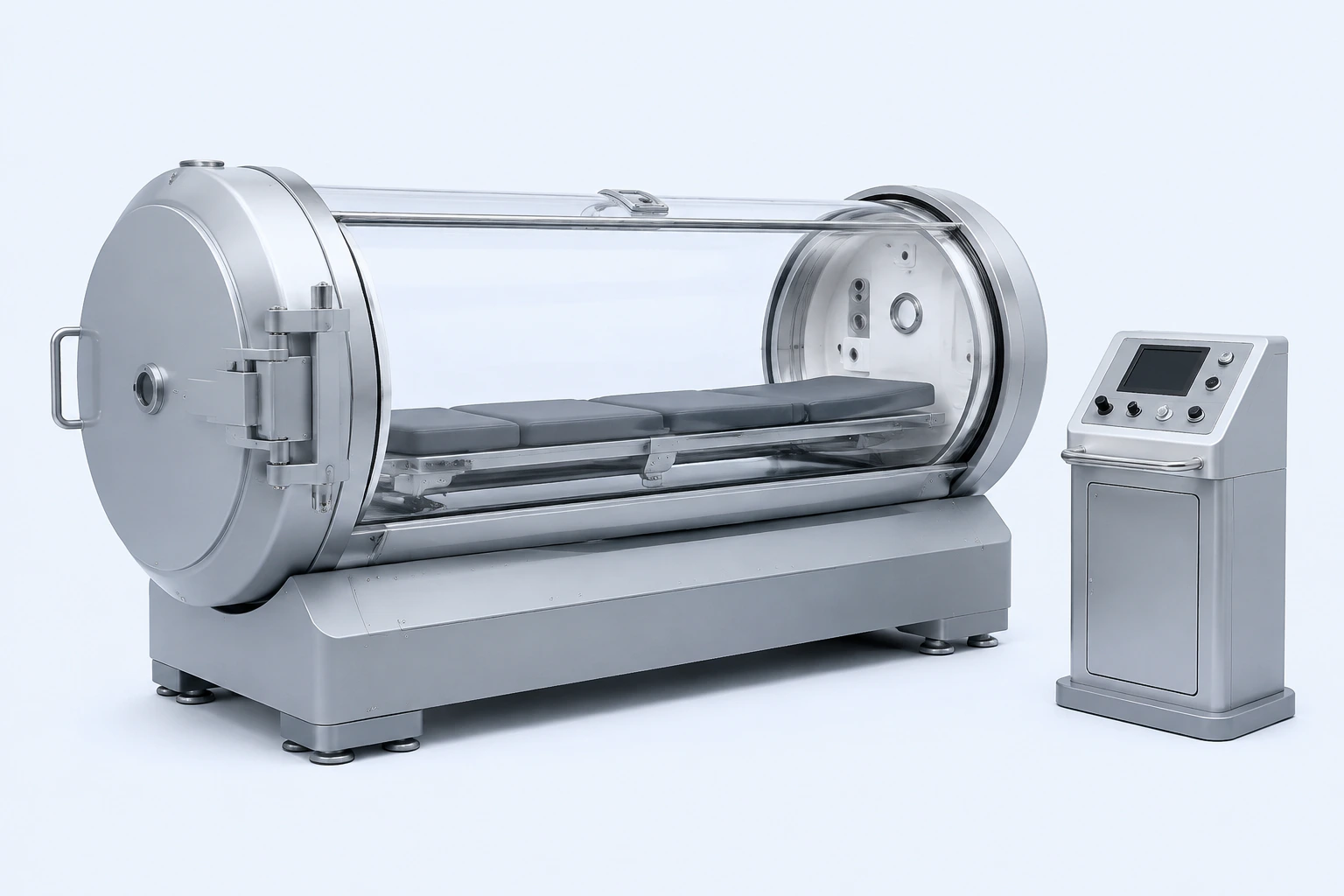 Unoccupied representative monoplace hyperbaric oxygen chamber with a transparent cylindrical vessel and patient support carriage.