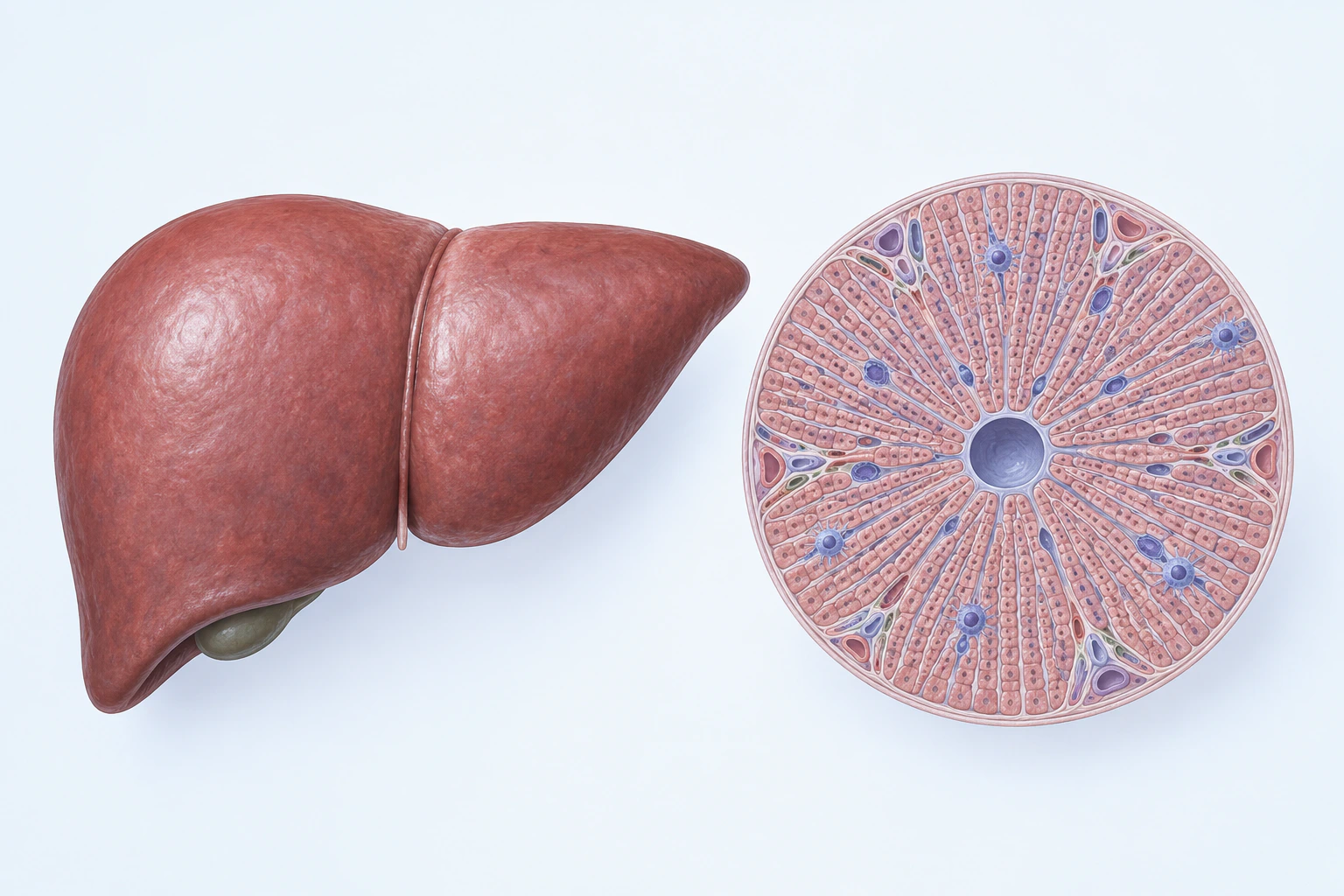 A complete liver with gallbladder appears beside a circular radial hepatic microarchitecture model with sparse blue-purple immune-cell-like elements.