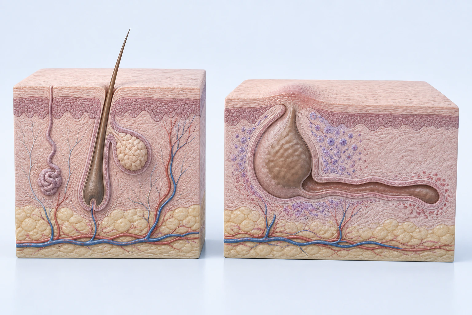 An ordinary follicular skin unit appears beside an altered follicular teaching block with a contained cavity, one lateral closed tract, and surrounding inflammatory-cell-like forms.