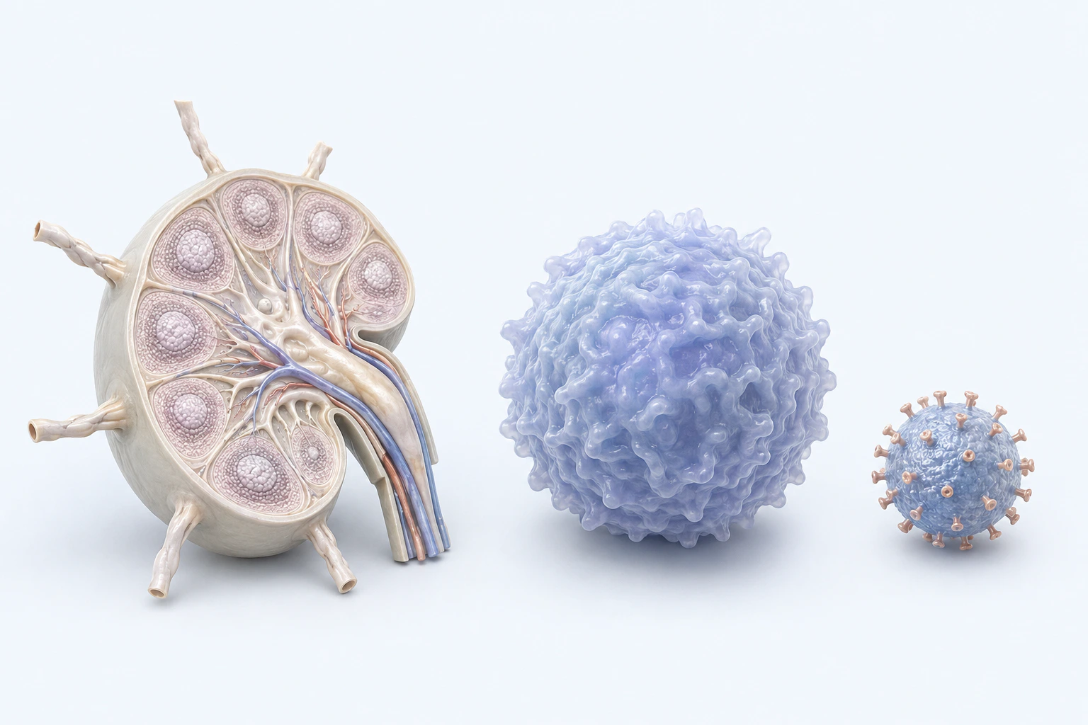 A lymph-node-like cutaway, a generic immune-cell model, and a generic enveloped-particle model with short surface projections appear as three separate groups.
