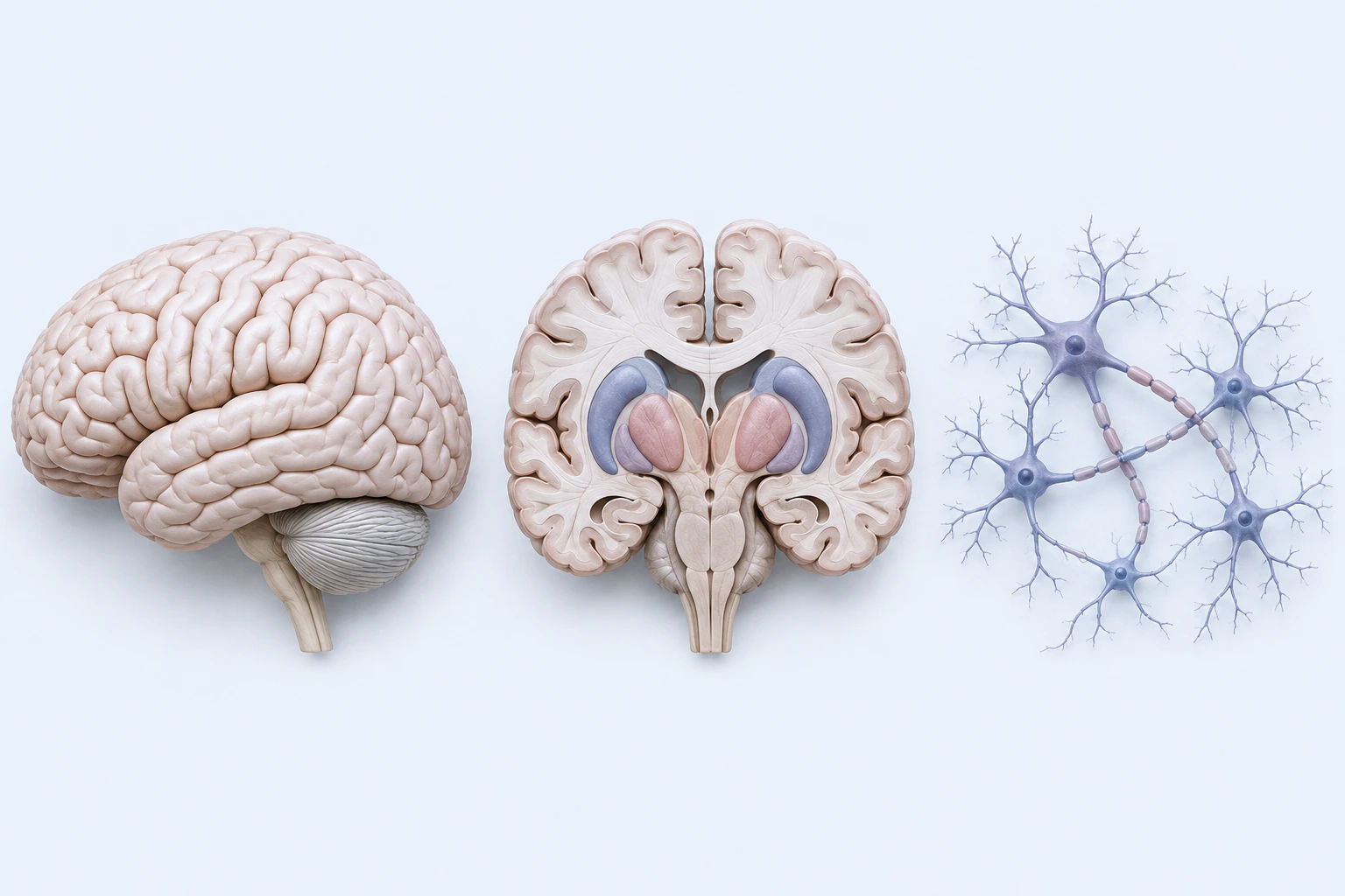 An intact lateral brain, a coronal brain cutaway with paired deep structures, and a connected network with five prominent neuron bodies appear as three separate groups.