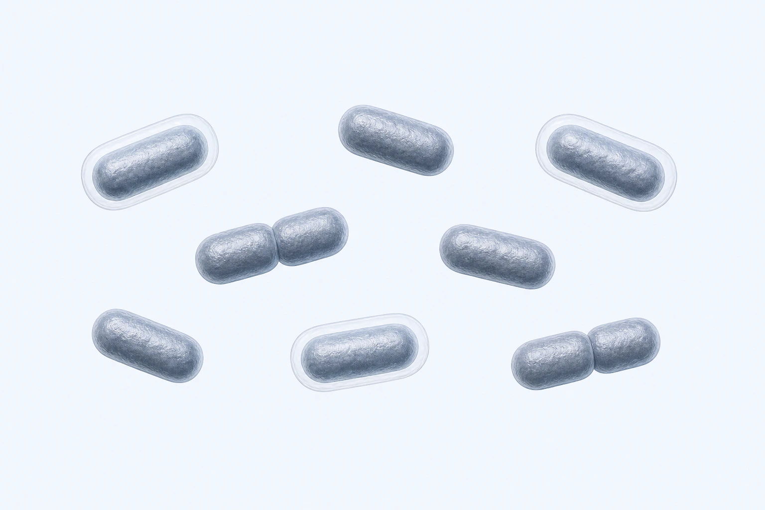 Ten selected Klebsiella plump rods appear in eight groupings: six singles and two touching pairs; three isolated bodies show thin capsule envelopes.