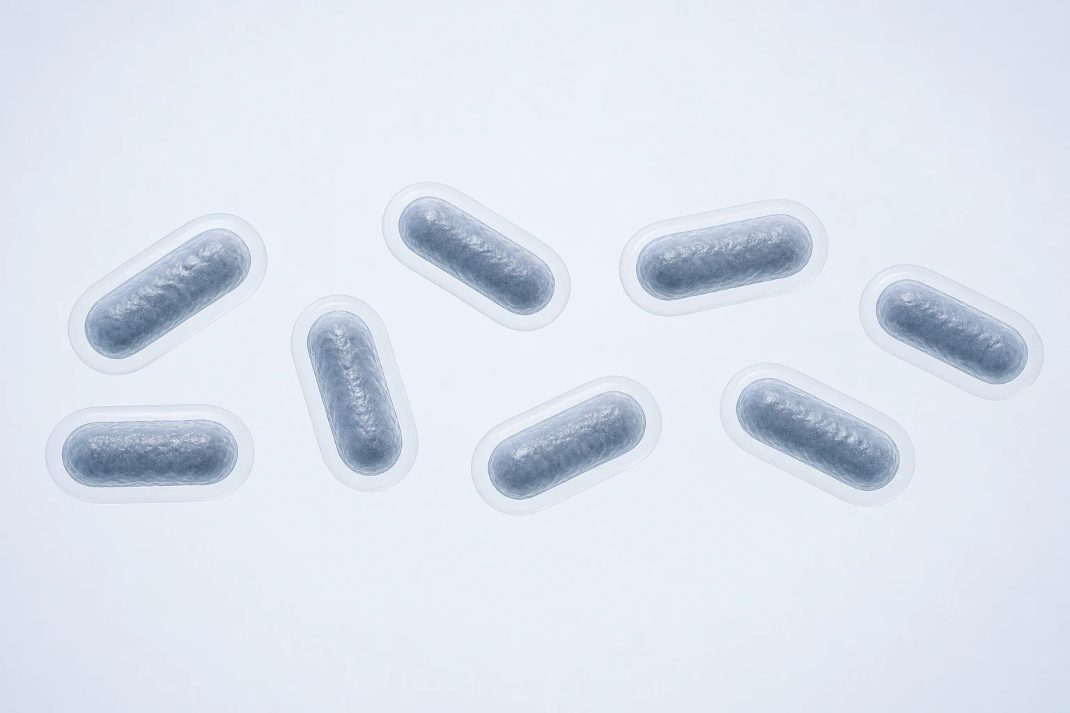 Eight isolated Klebsiella pneumoniae plump rods each show one closely following translucent capsule halo.