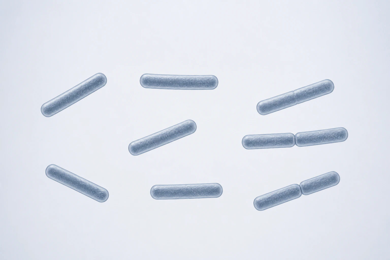 Eleven selected Lachnobacterium slender rods appear in eight groupings: five singles and three touching end-to-end pairs.