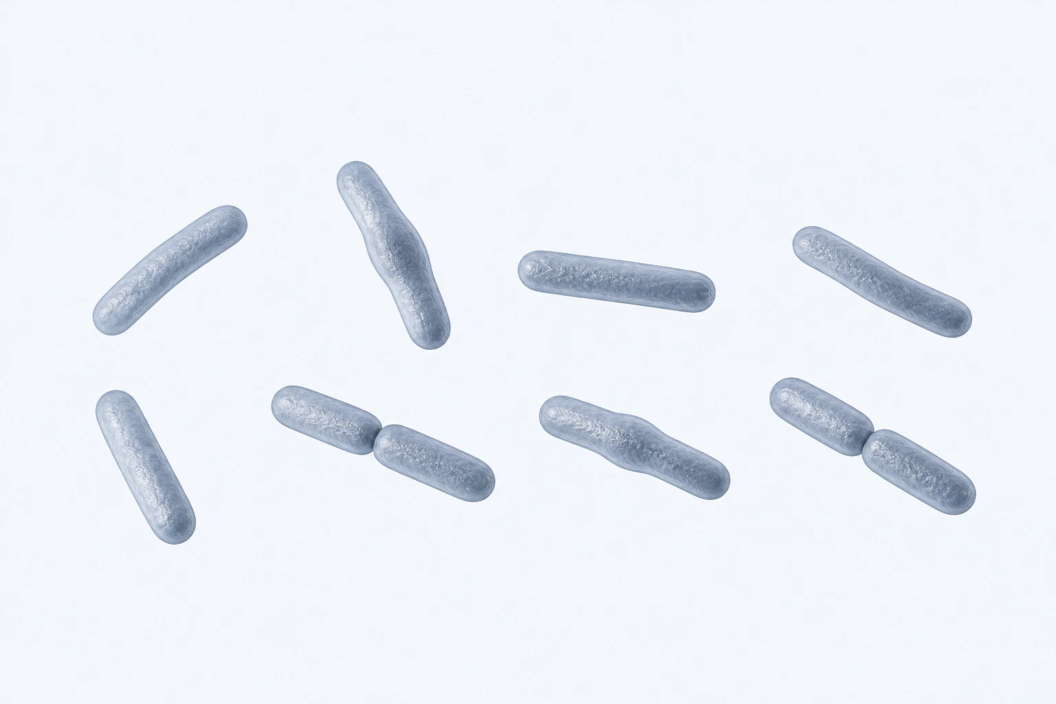 Ten Lachnospira eligens rods appear in eight groupings: six singles and two touching pairs, with two gently curved singles showing mild central broadening.