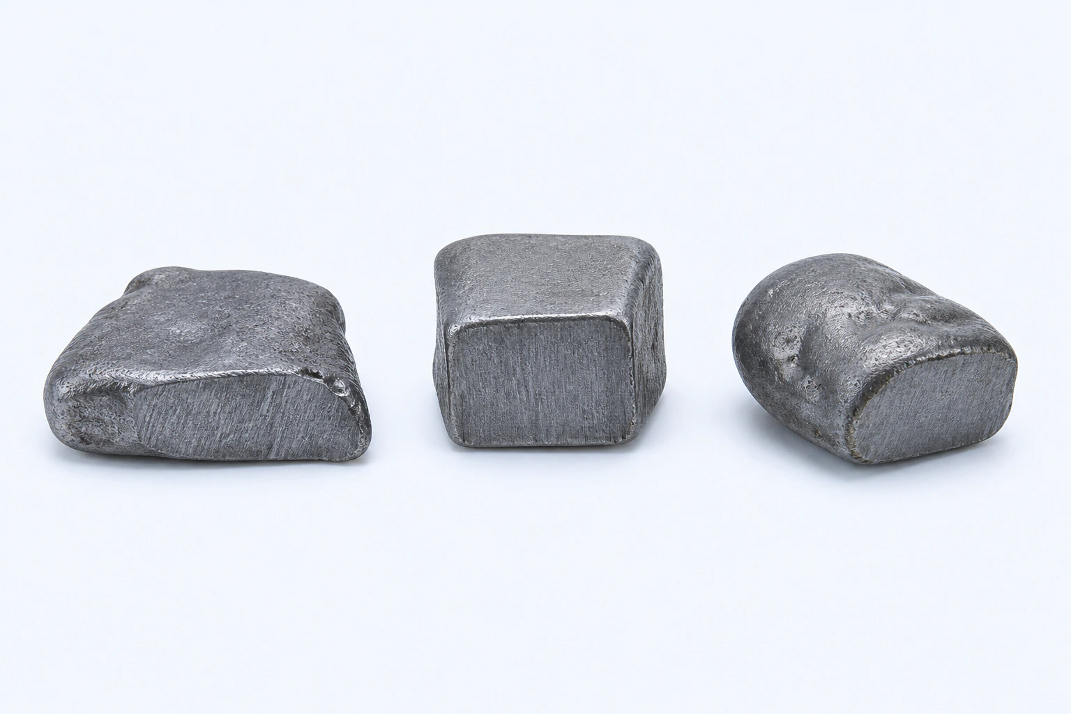 Three elemental lead specimens with subdued gray cut faces and rounded compressed edges.
