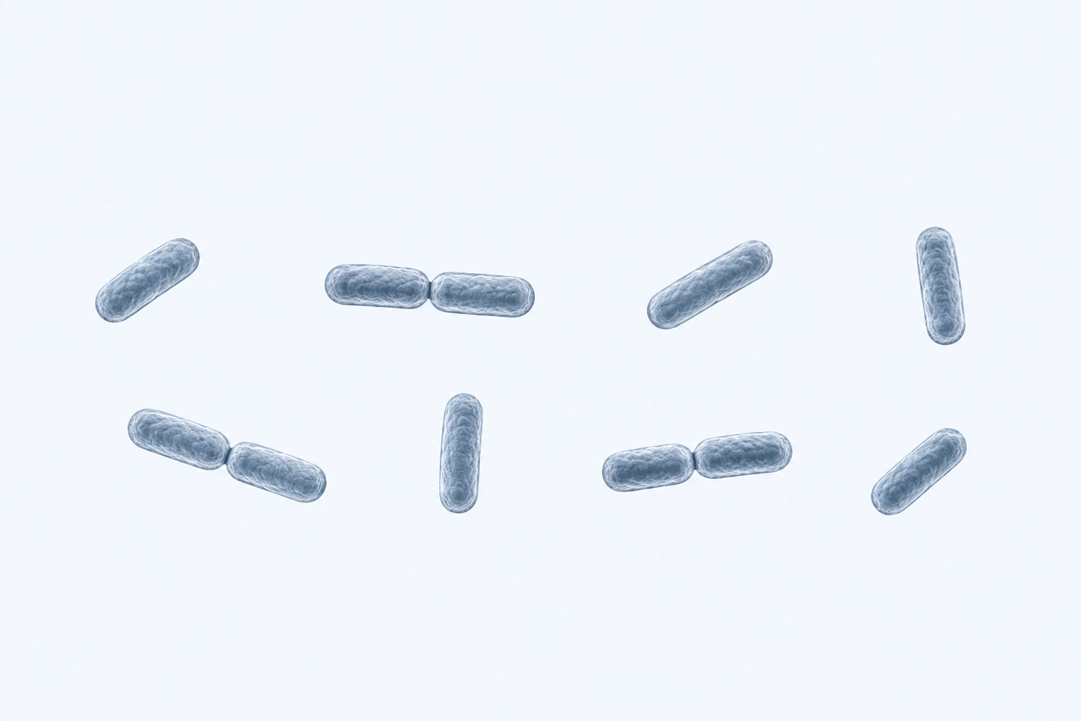 Eleven short rounded-end Listeria rods appear in eight groupings: five singles and three touching pairs.
