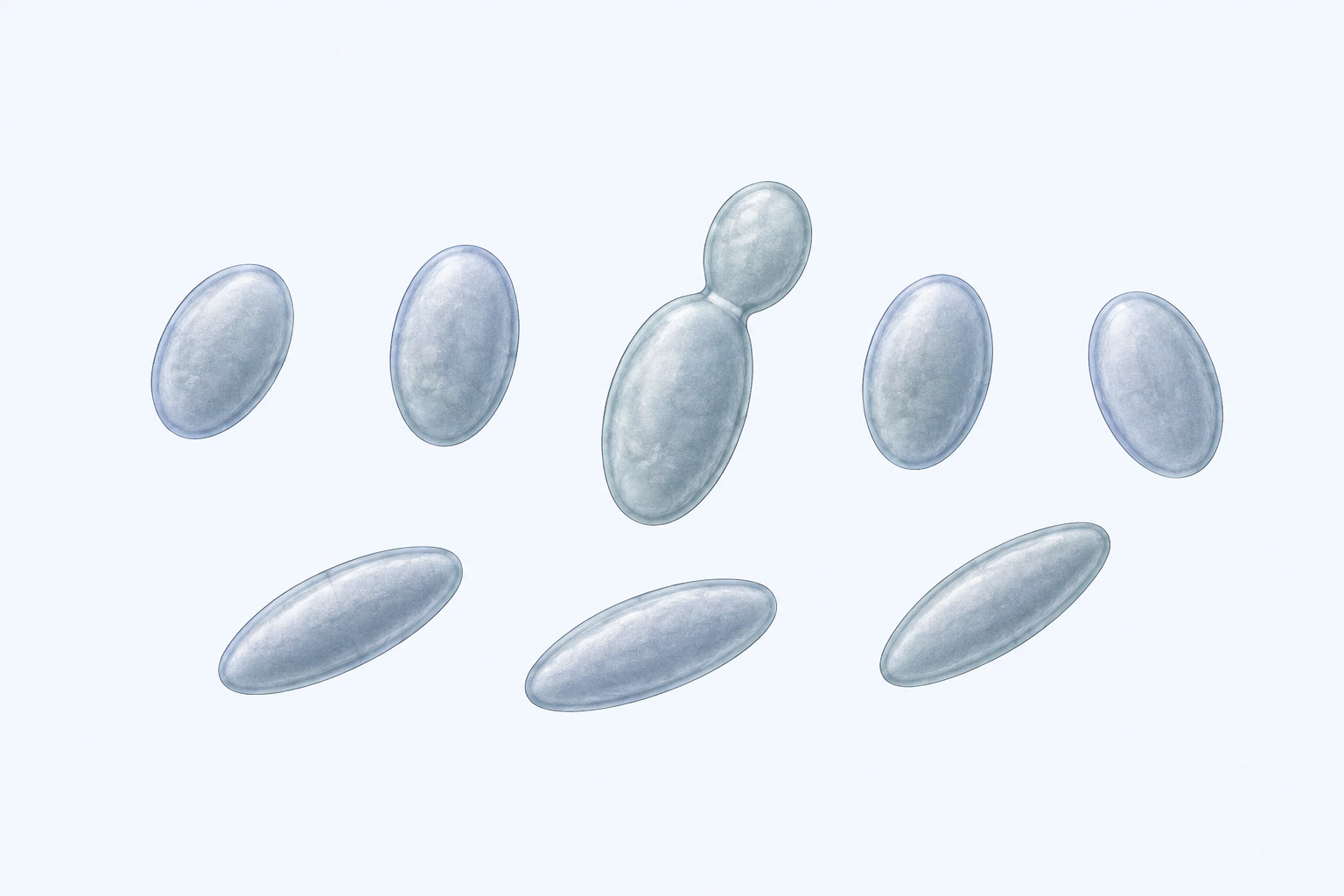 Six oval-to-elongate Lodderomyces elongisporus yeast cells, including one budding pair, appear above three separated elongated spore-like forms.